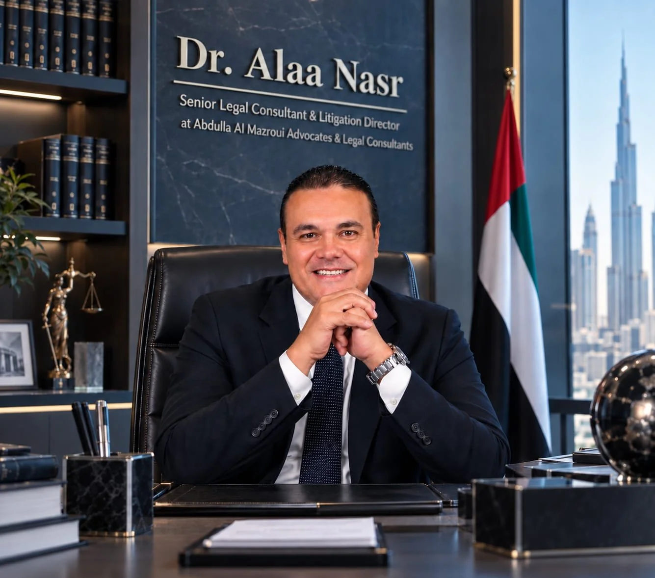 A man in a suit and tie sitting at a desk in an office, smiling with hands clasped, with a city skyline and the Dubai flag in the background.