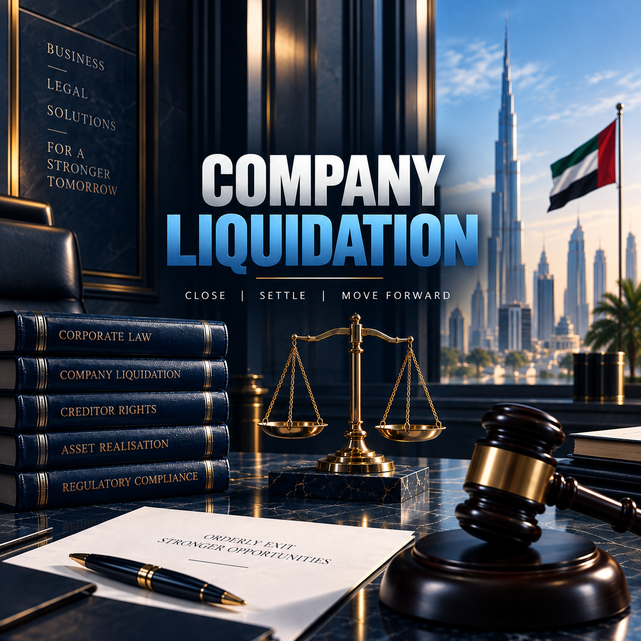 An office desk with legal books, a gavel, a pen, and a document that reads 'Orderly Exit, Stronger Opportunities', with the city skyline and the Burj Khalifa in Dubai in the background. The image promotes company liquidation services.