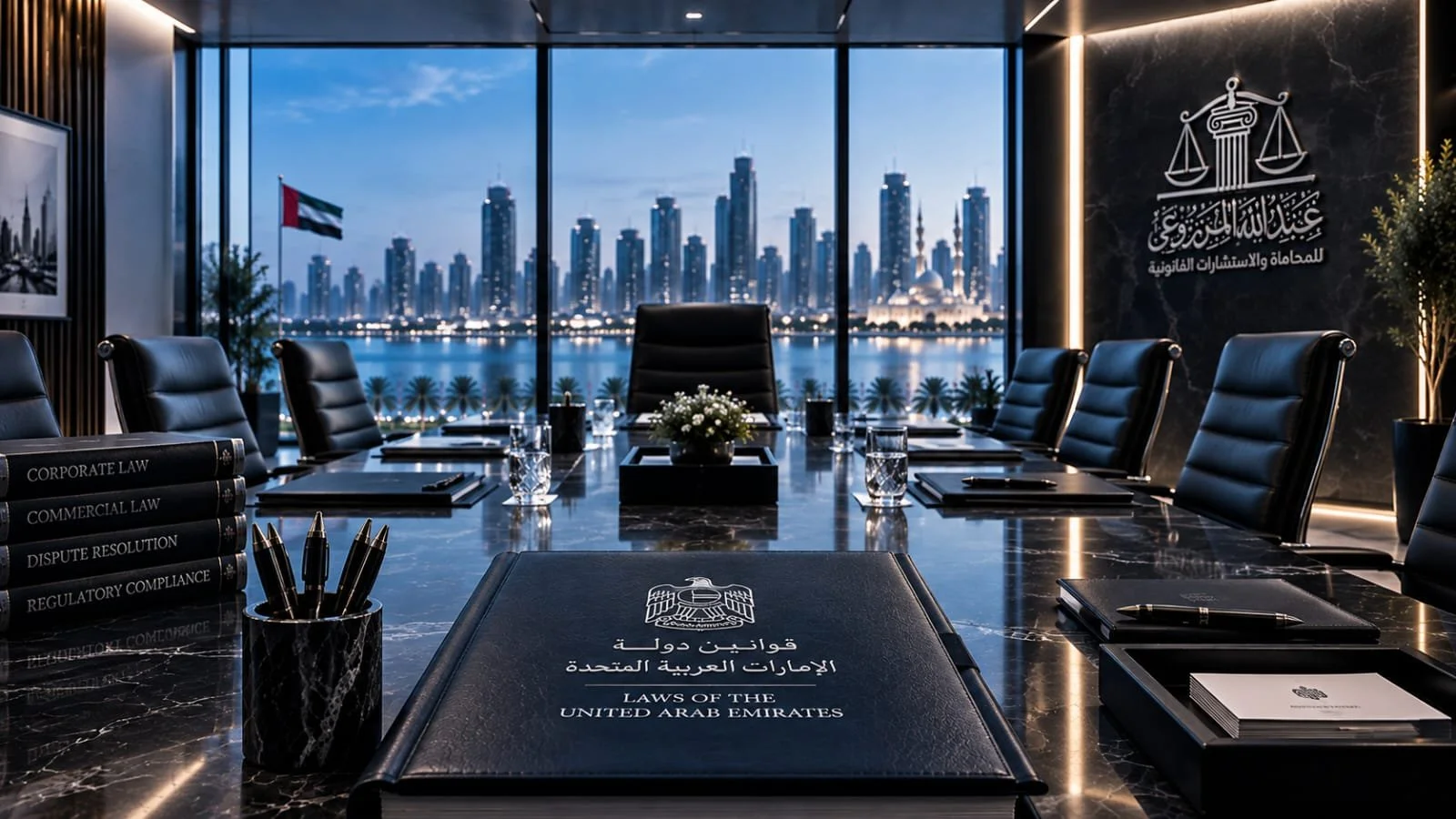 Modern law firm conference room with a city skyline view of Dubai through large windows, featuring a large black leather chair at the head of the table, legal books, pens, and documents on a black marble table, and the United Arab Emirates laws on the table in both Arabic and English.