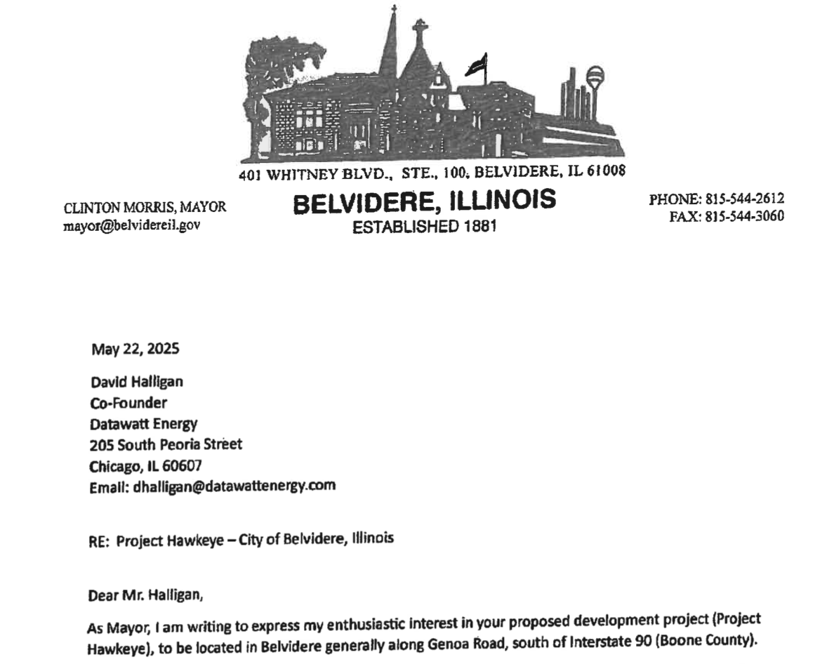 Letter of support from Belvidere mayor to Datawatt energy
