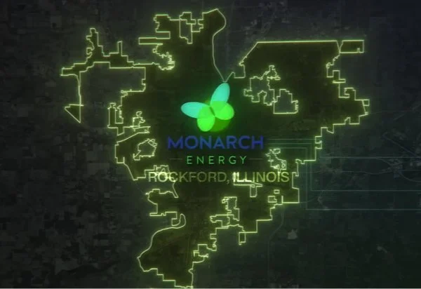 Screenshot of a video showing the outline of Rockford Illinois with Monarch energy's logo in the middle