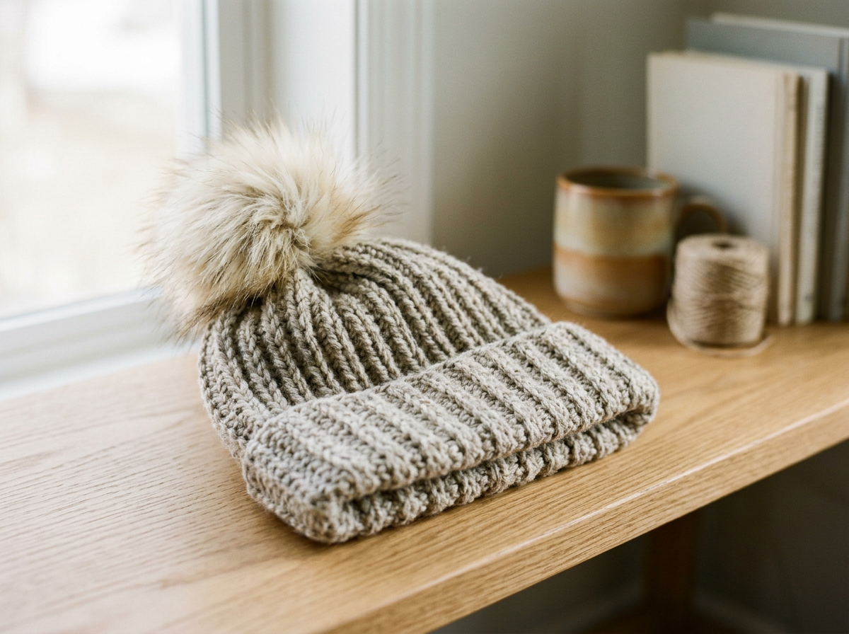 Ribbed Crochet Beanie w/Puff