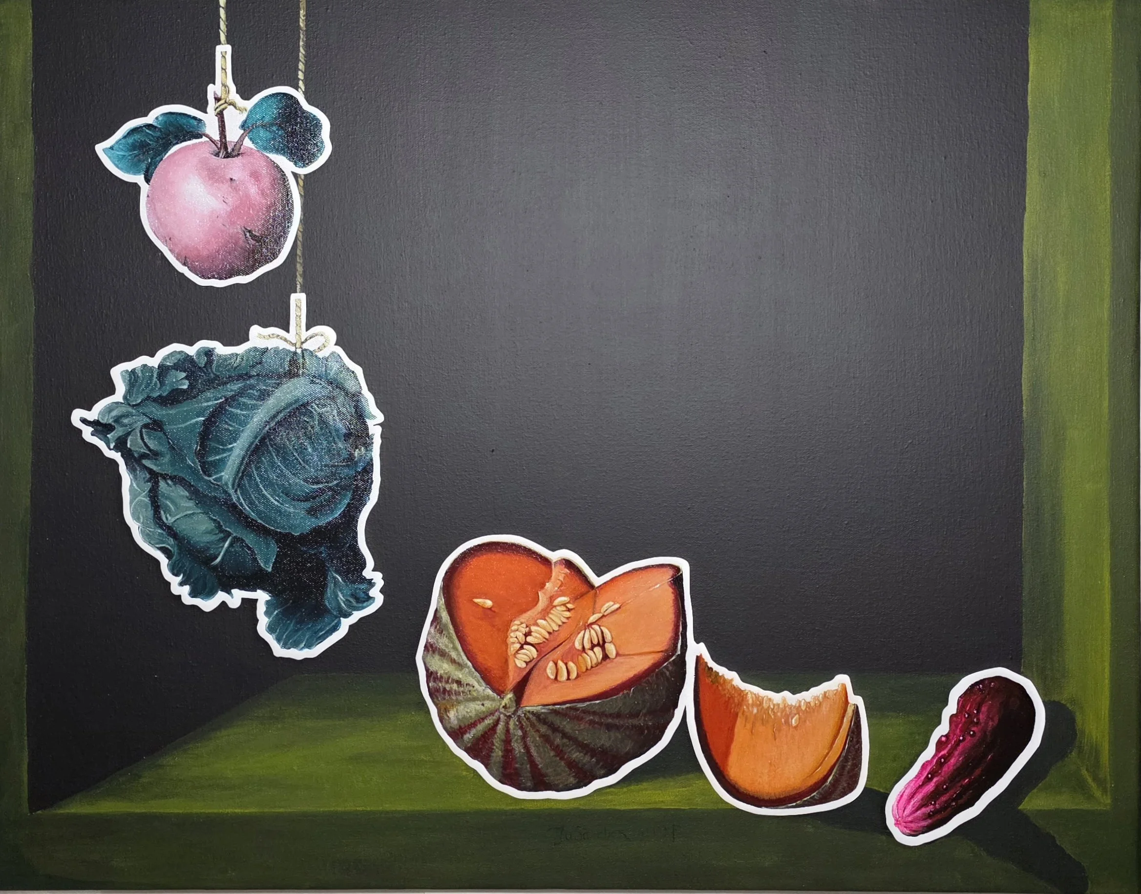 "If Only There Was a Juan Sanchez Cotan Sticker Book", Acrylic and Oil on Canvas, 24" x 30", 2026