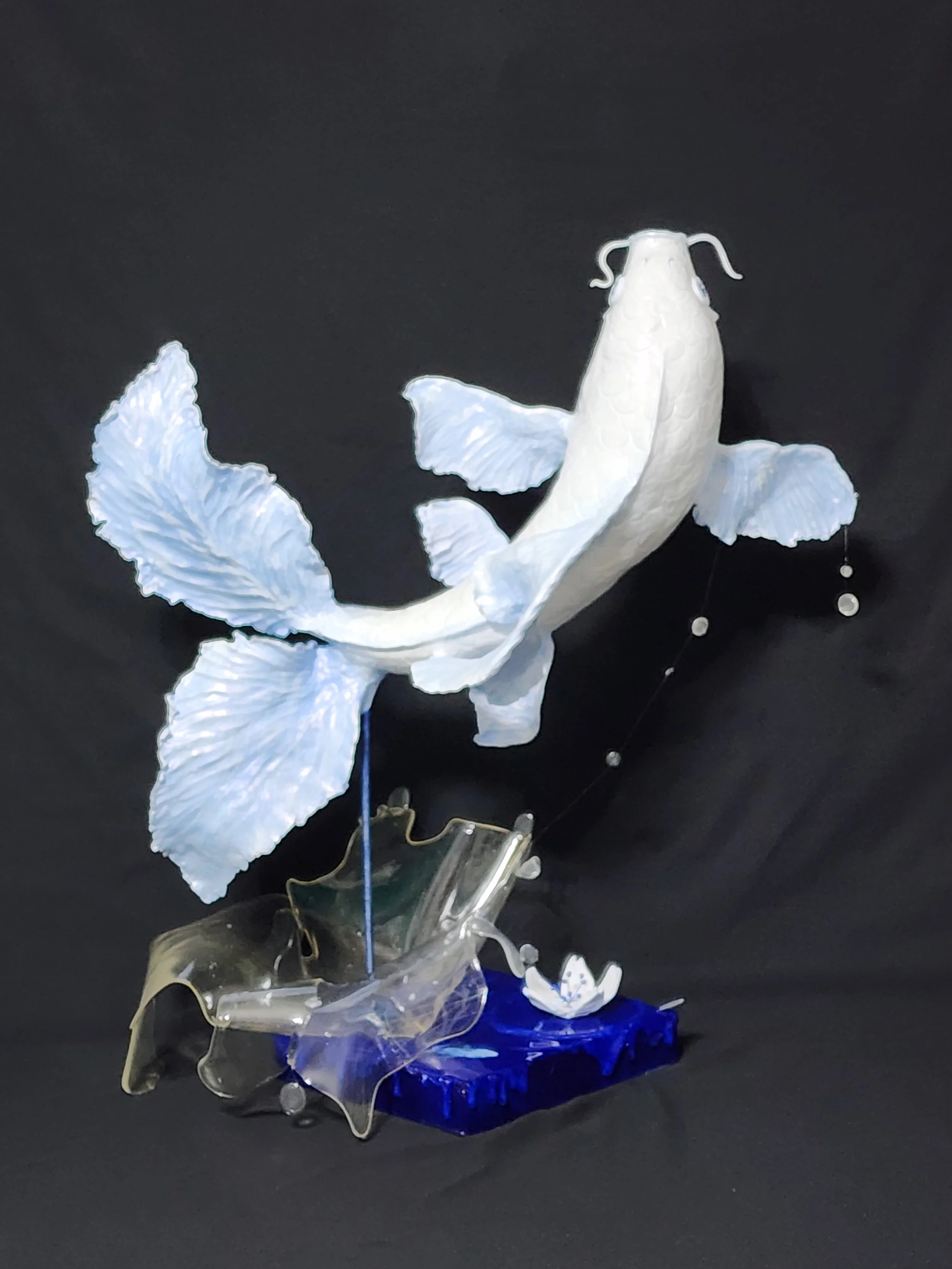 "Leap!", clay, resin, wood, and acrylic sculpture, 20" x 23" x 11", 2025