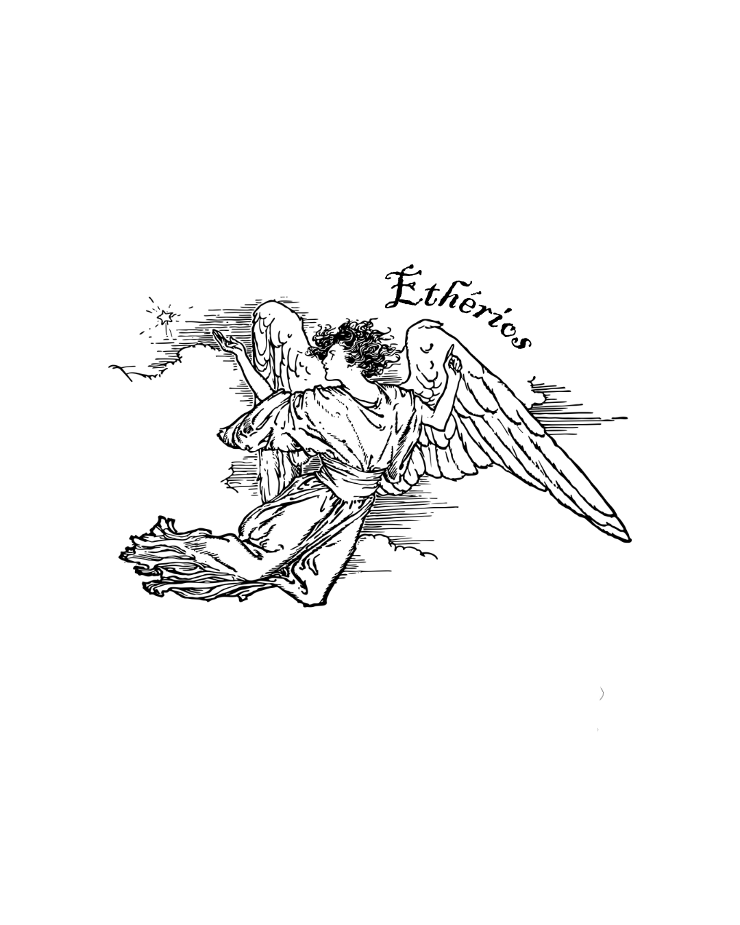 Black and white illustration of a winged angel with curly hair, kneeling on a cloud, with one arm raised and the other bent, with the word 'Ethereos' above the angel.