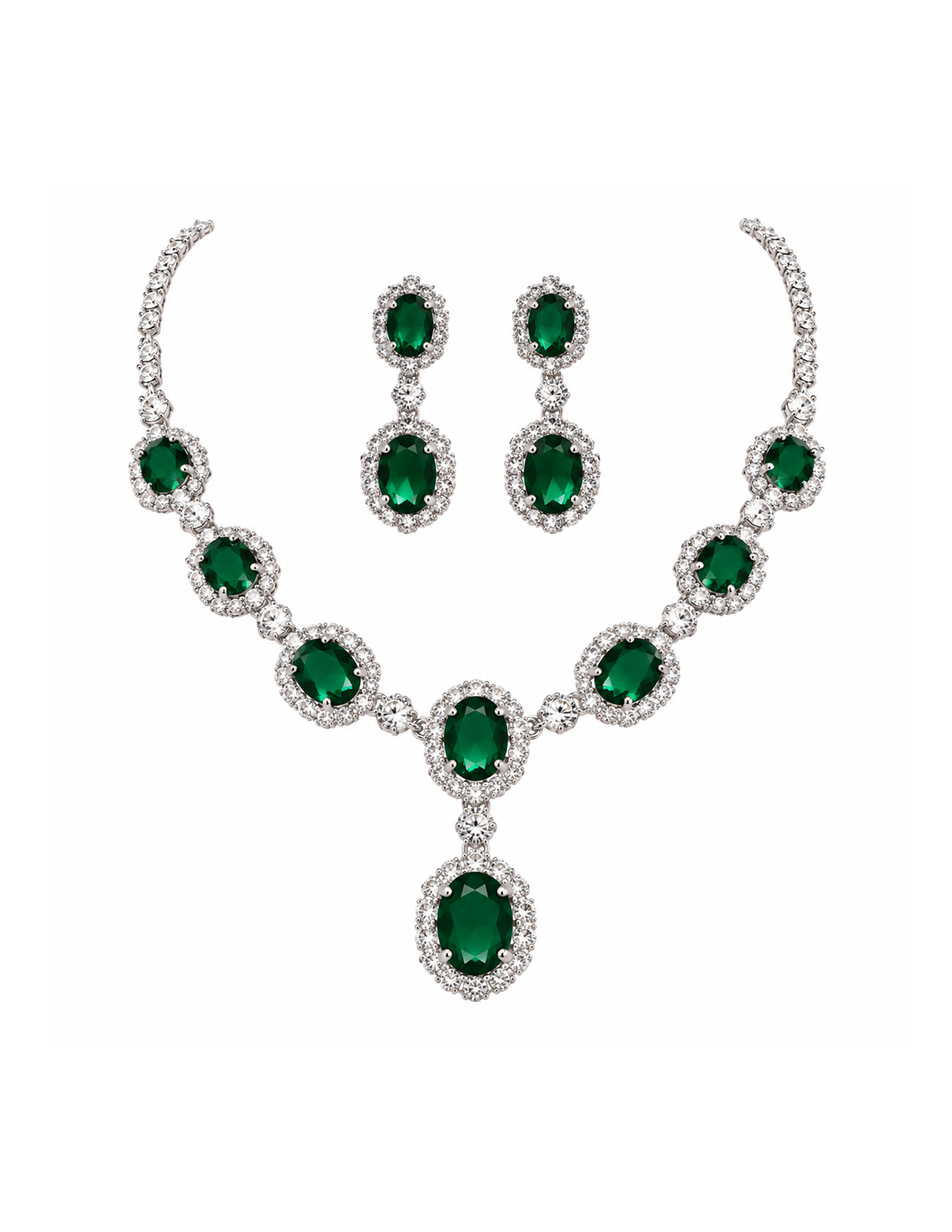 A jewelry set consisting of a necklace and matching earrings, featuring large green gemstones surrounded by smaller clear stones, set in silver or white gold.