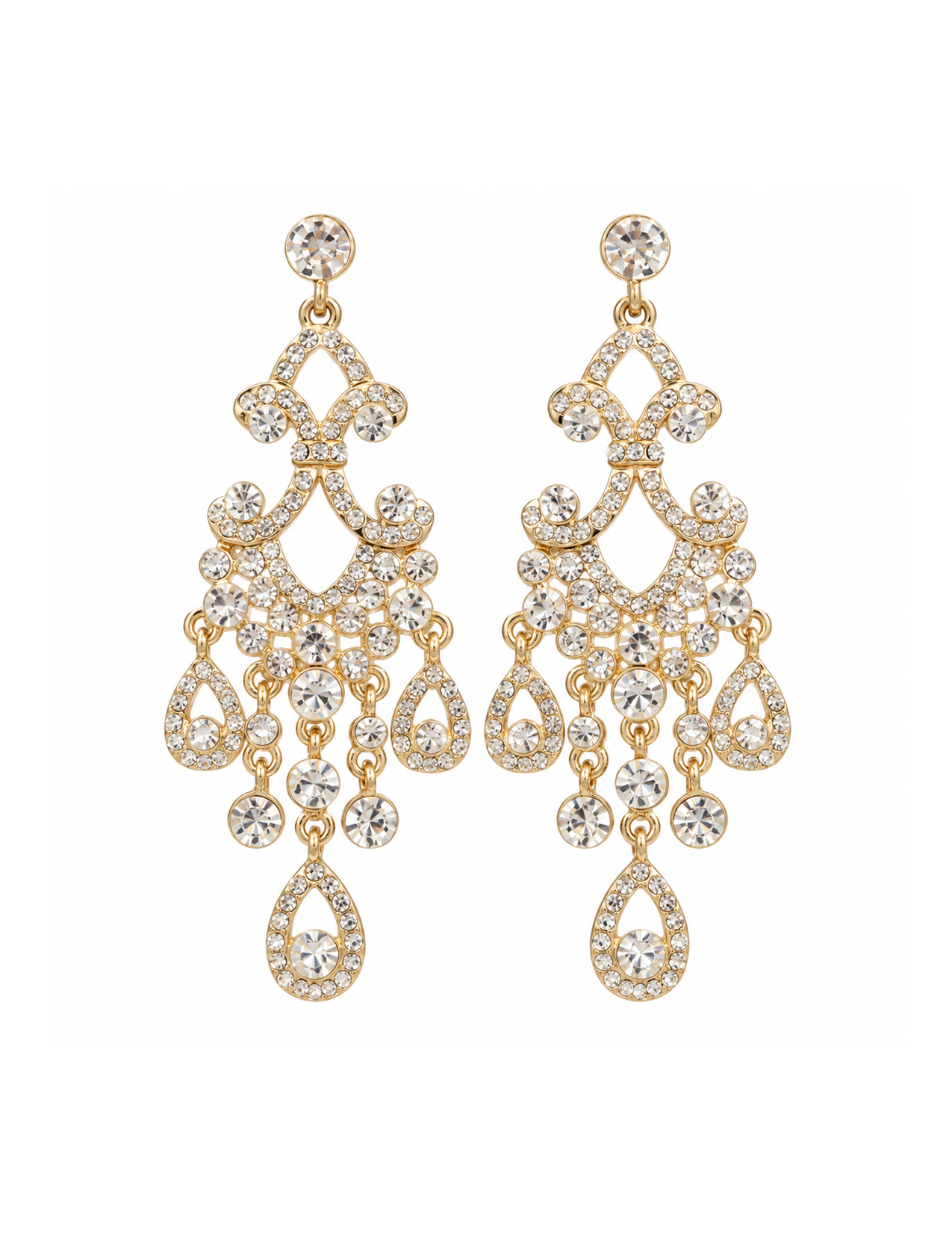 Gold chandelier earrings adorned with numerous clear rhinestones or crystals, featuring intricate loops and teardrop shapes.