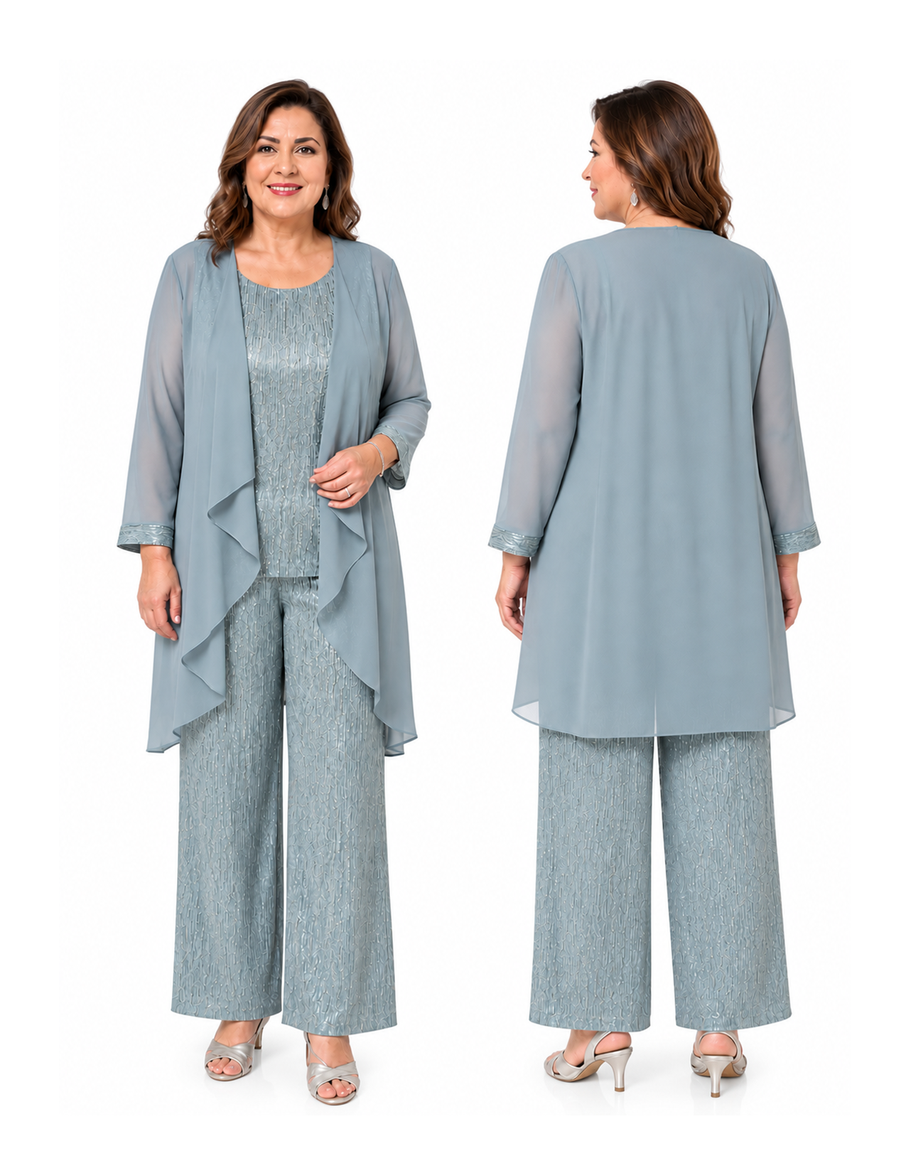 Woman wearing a matching light blue, textured pants and top, with a sheer, open-front light blue jacket, standing against a white background. Front and back views displayed.