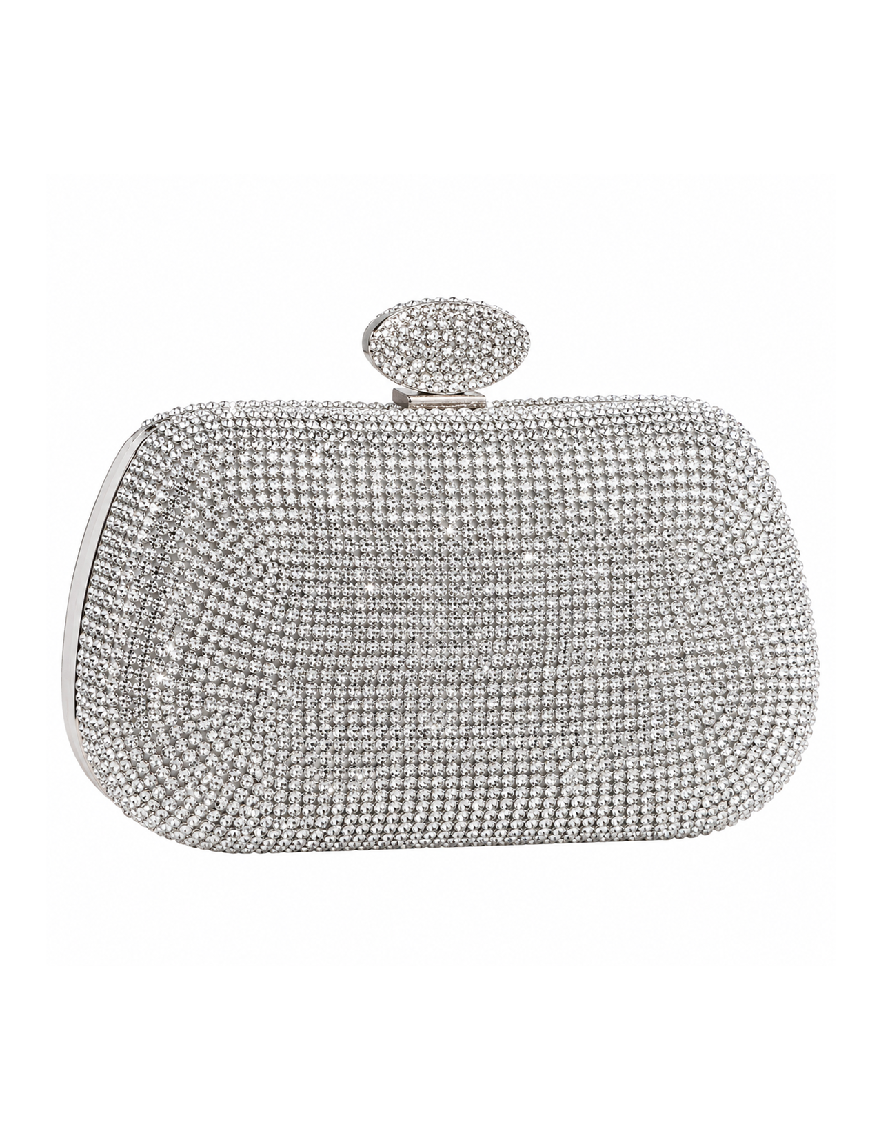 A silver evening clutch purse adorned with numerous small crystals, featuring a rounded rectangular shape and a decorative handle.