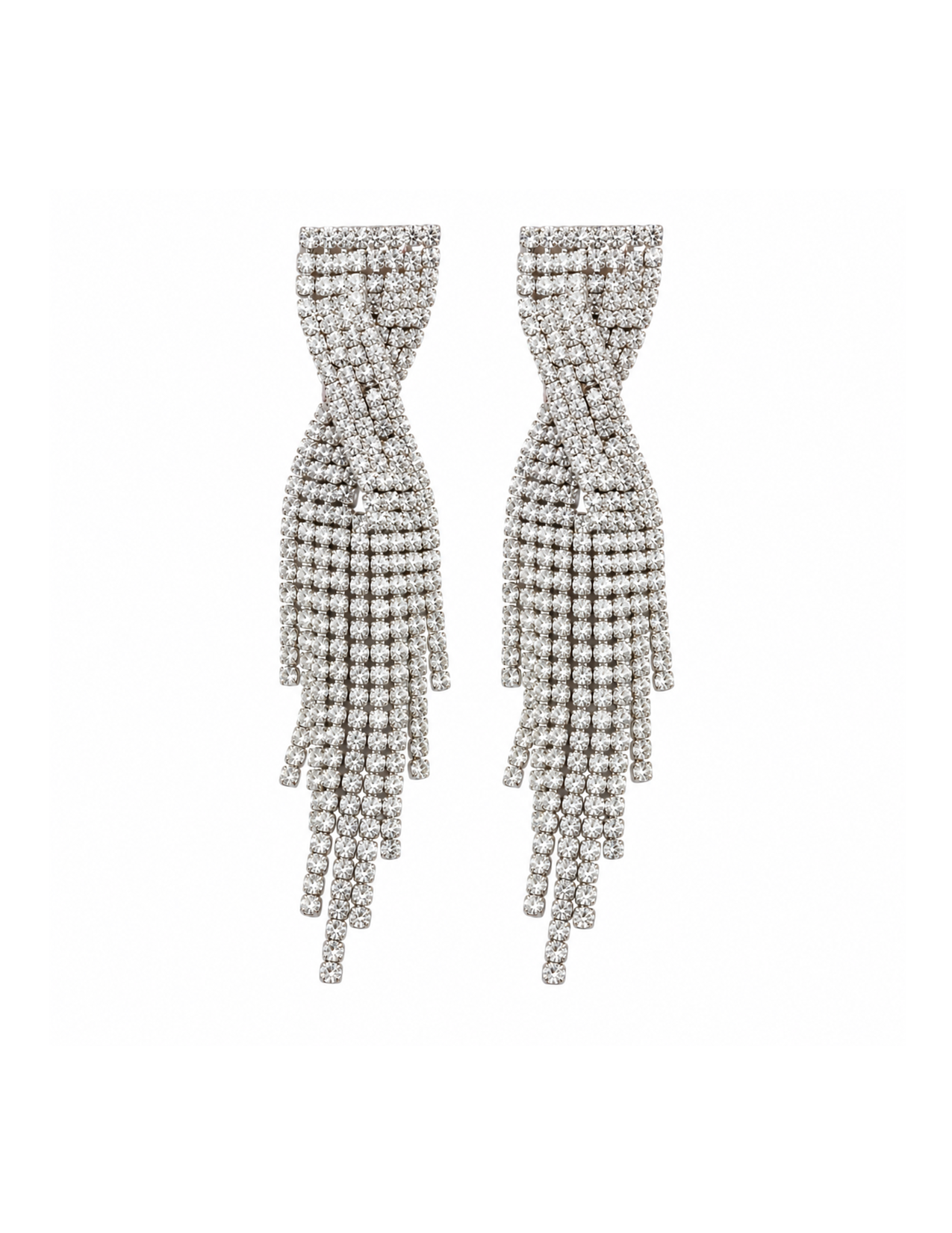 A pair of chandelier earrings covered in sparkling clear rhinestones or diamonds, designed with multiple strands cascading down.