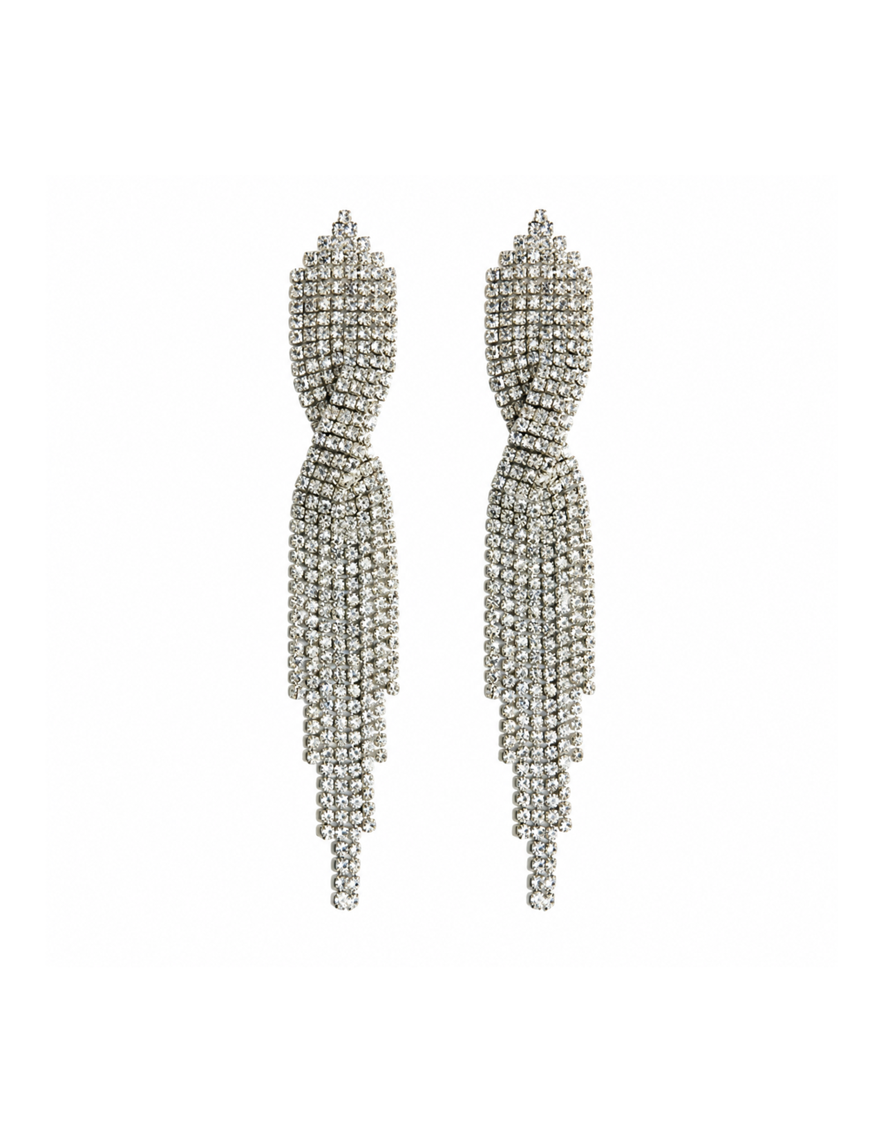 Pair of long rhinestone earrings with a leaf design on top and fringe hanging below.