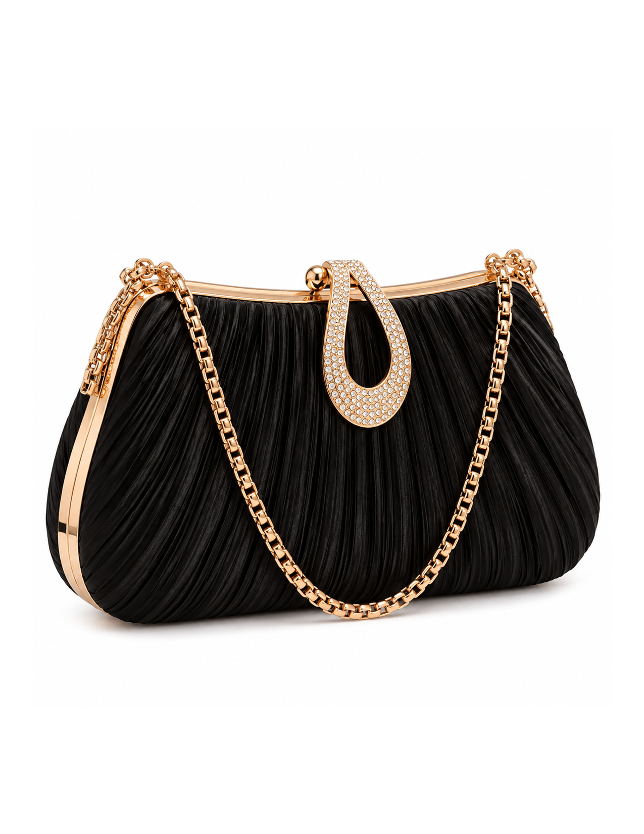 Black clutch purse with pleated texture, adorned with gold chain straps and a gold and diamond clasp.