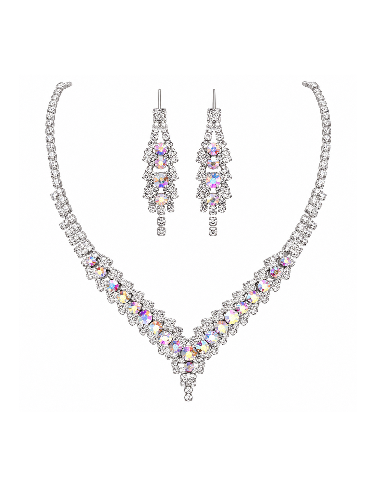 A jewelry set with a necklace and matching earrings adorned with clear and iridescent crystals.