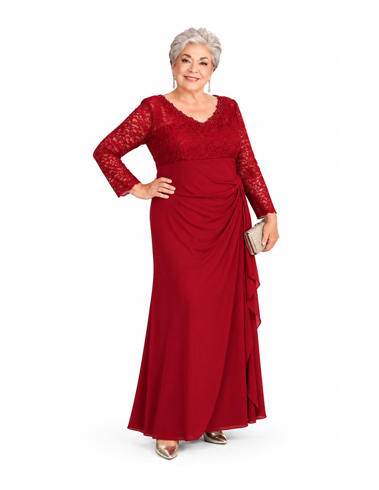 An elderly woman with gray hair styled in soft waves, wearing a red evening gown with lace and embroidered details on the top and long sleeves. She is holding a metallic clutch and wearing earrings, standing against a plain white background.