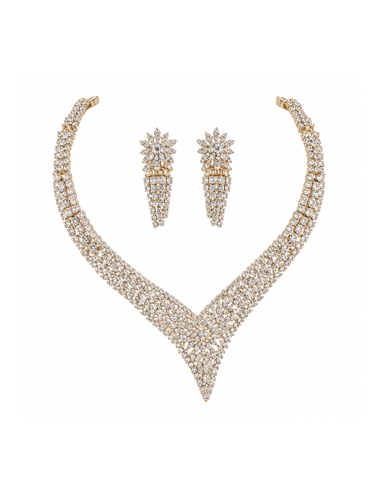 A jewelry set with a necklace and matching earrings, featuring gold and numerous clear gemstones arranged in floral and geometric patterns.