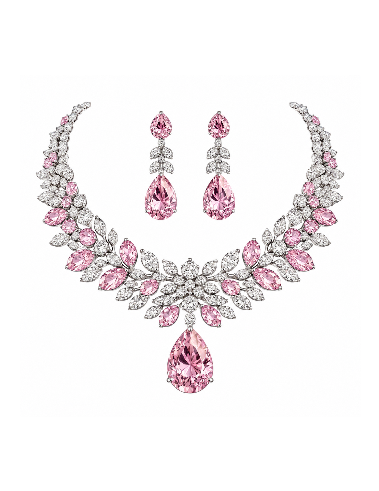 Jewelry set featuring a necklace and earrings with pink and clear gemstones arranged in floral and leaf motifs.