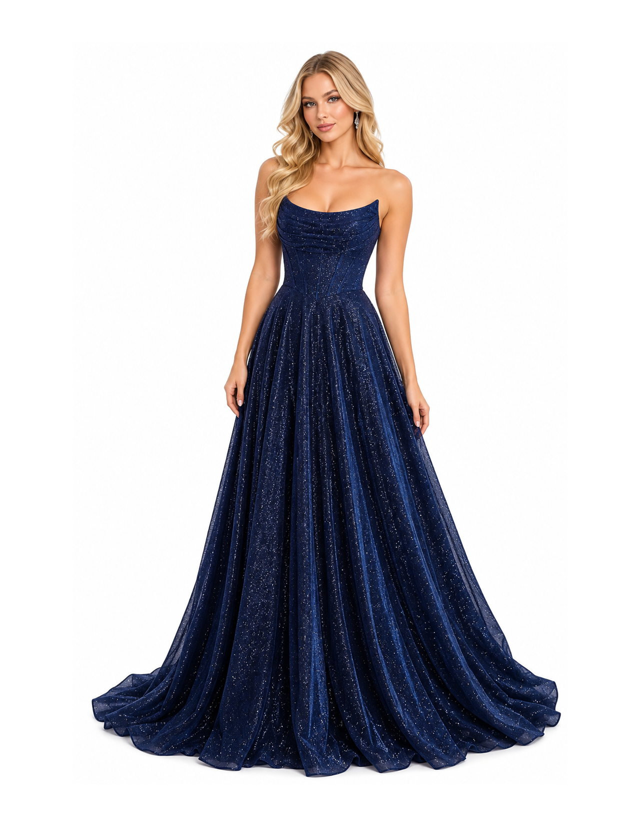 A woman wears a floor-length, navy blue, strapless gown with a fitted bodice and a full, flowing skirt adorned with shimmering sparkles.