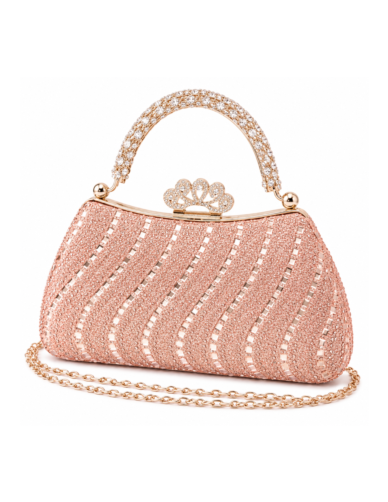 A pink and gold evening handbag with intricate patterning, adorned with rhinestones, featuring a decorative clasp and a gold chain strap.