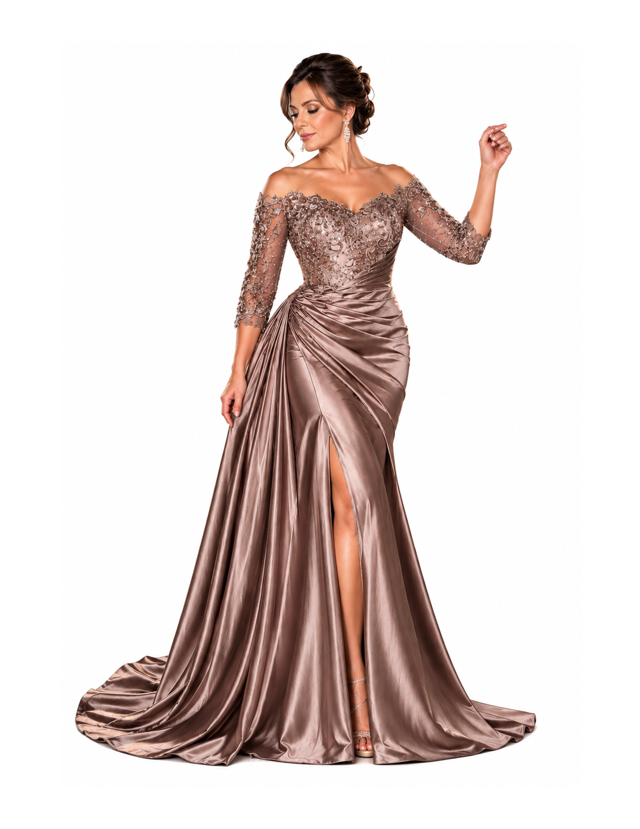 Woman in a shiny, brown, off-the-shoulder evening gown with lace and embroidery detailing, slit, and slit high heels, posing against a white background.