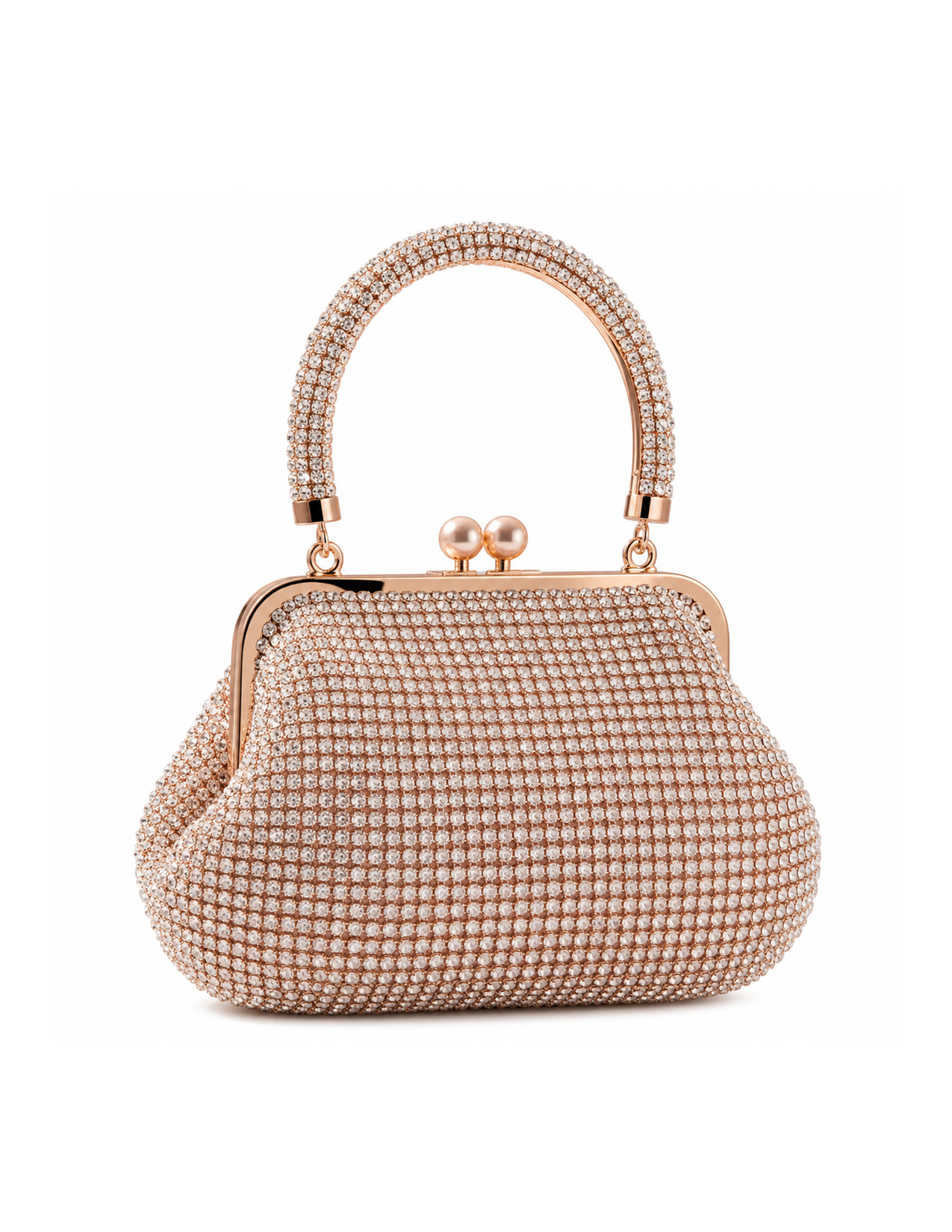 A sparkling, rose gold evening bag decorated with numerous small rhinestones or crystals, featuring a rounded clasp and a matching handle also covered in rhinestones, set against a plain white background.
