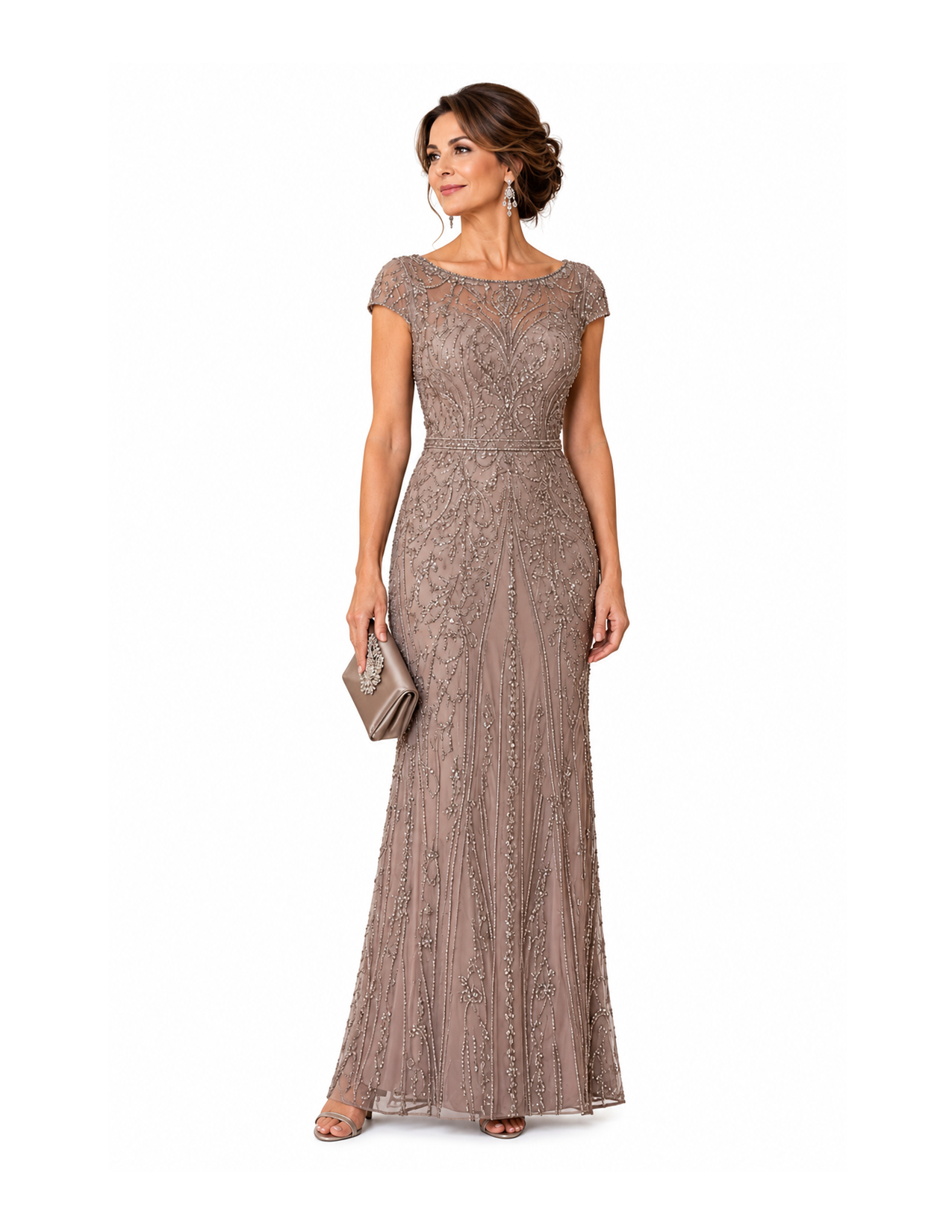Woman in a floor-length, ornate beige evening gown holding a matching clutch purse, wearing earrings, standing against a white background.