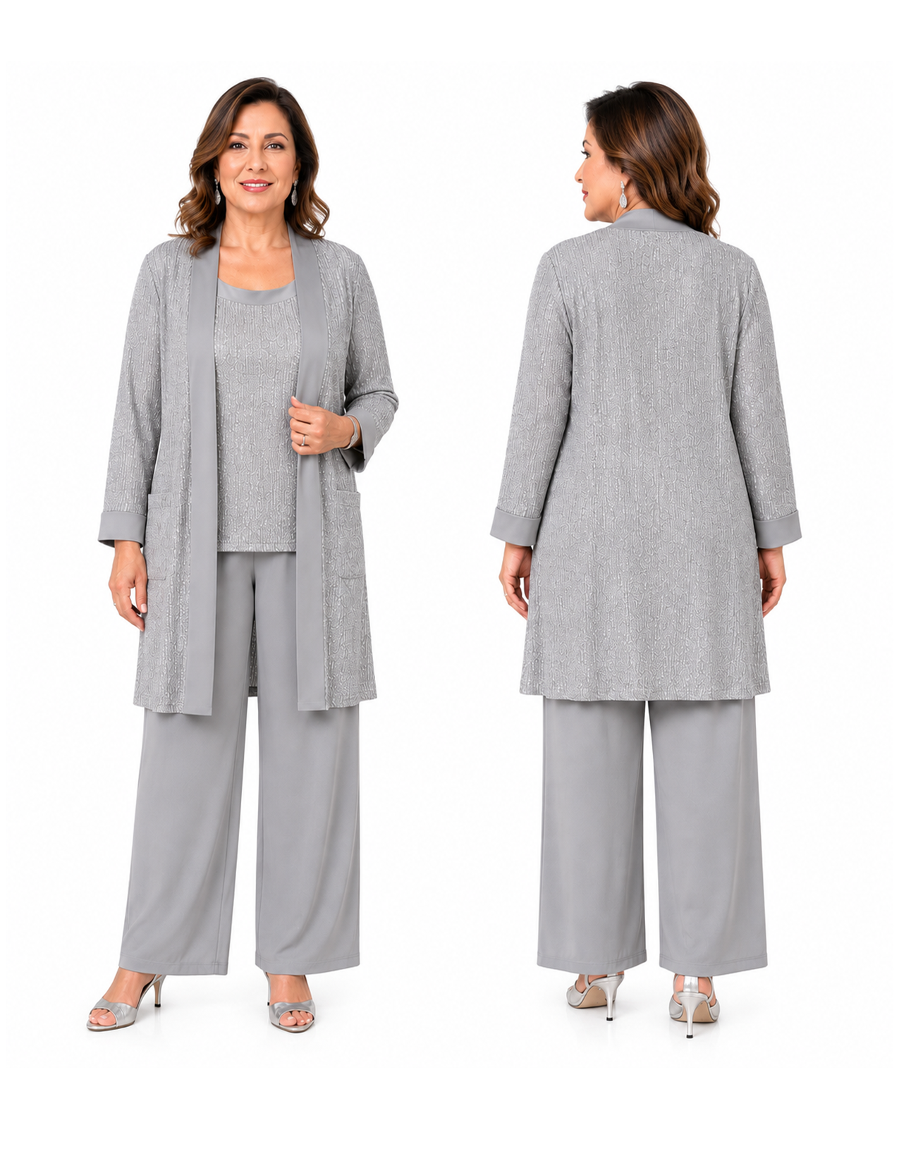 Woman wearing a light gray patterned coat, matching top, and wide-leg pants, accessorized with earrings and heels, shown from both front and back views.