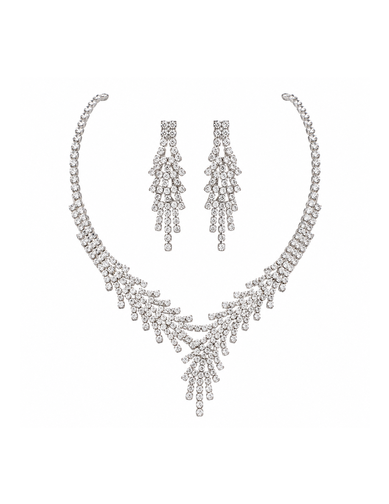 A sparkling diamond jewelry set including a necklace and matching earrings displayed on a white background.