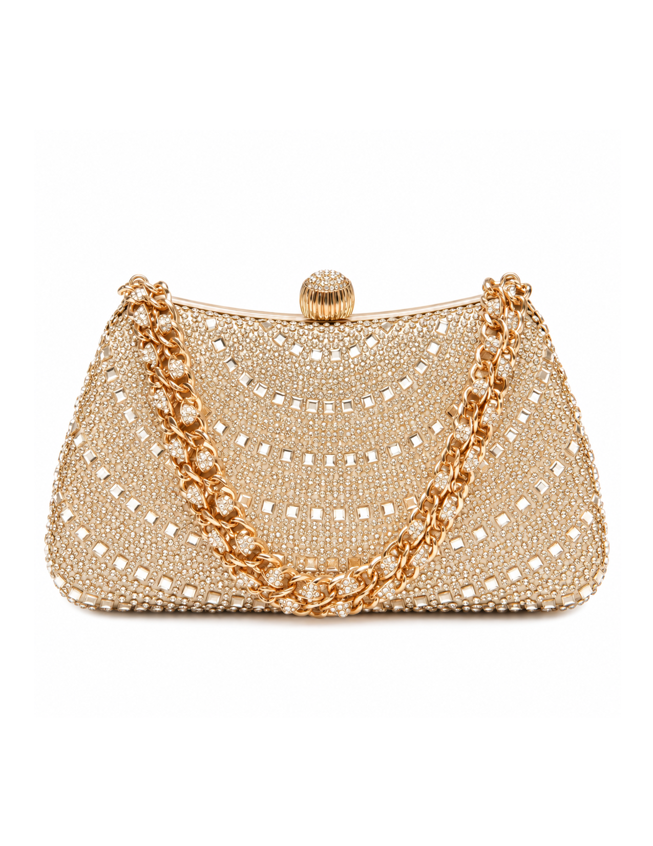 Gold evening bag adorned with numerous small diamonds, featuring a matching diamond-studded clasp and a thick gold chain handle.