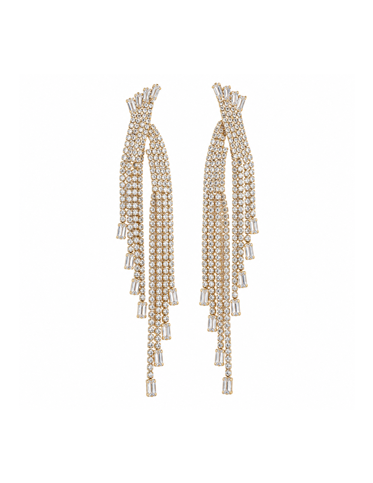 Gold and silver dangling earrings with multiple rows of small round diamonds and larger rectangular diamonds at the ends.