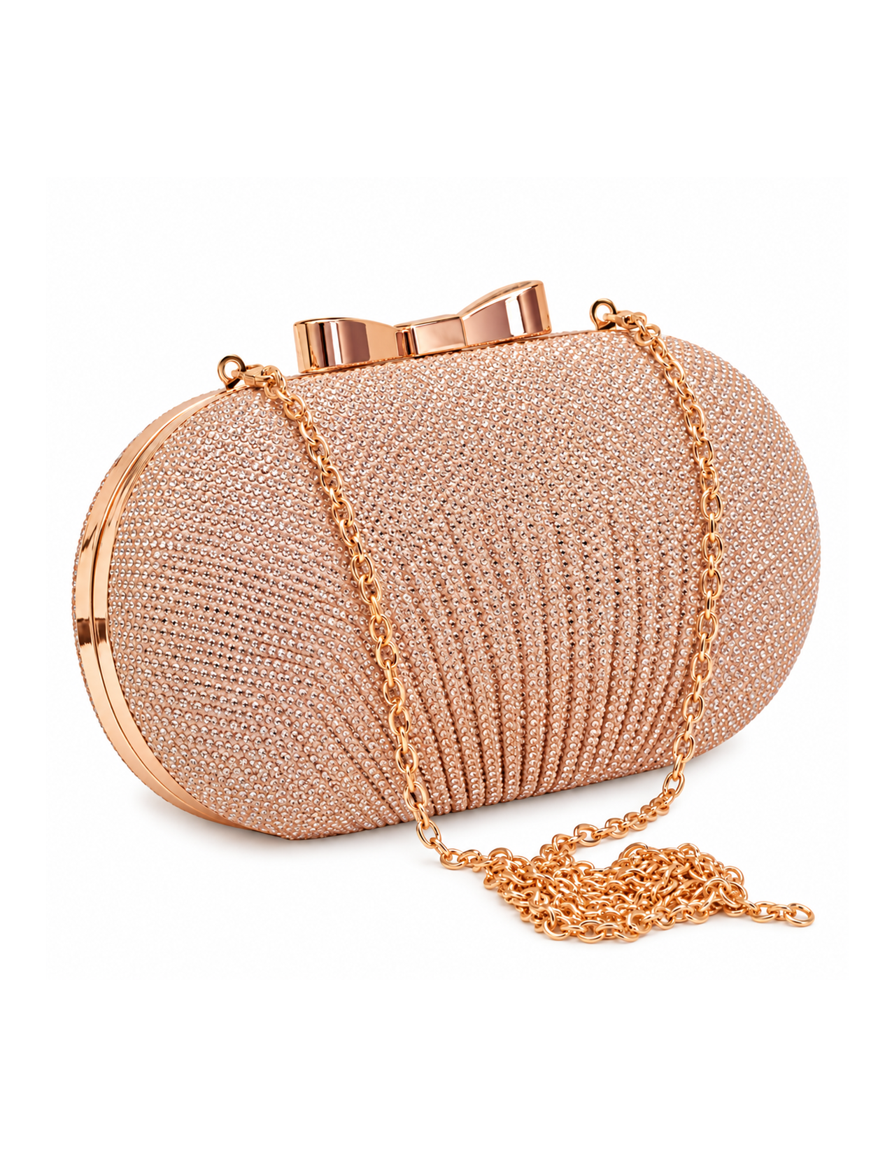 A sparkling, oval-shaped clutch bag covered in small rhinestones with a rose gold tone metal frame and a bow clasp, featuring a long rose gold chain strap.