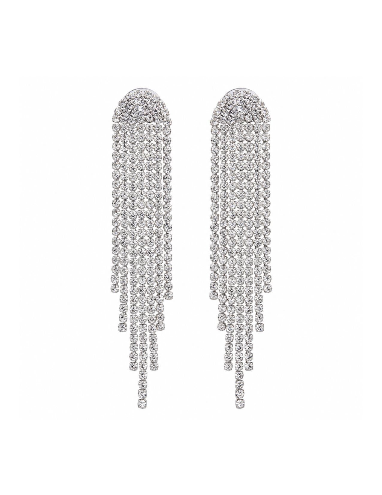 Silver chandelier earrings with multiple dangling rhinestone chains.