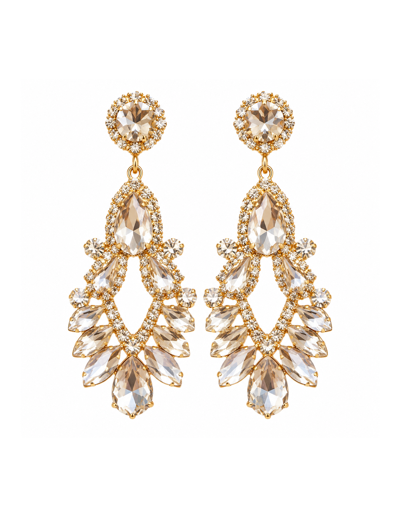 Gold chandelier earrings with numerous clear gemstones arranged in a leaf-like pattern.