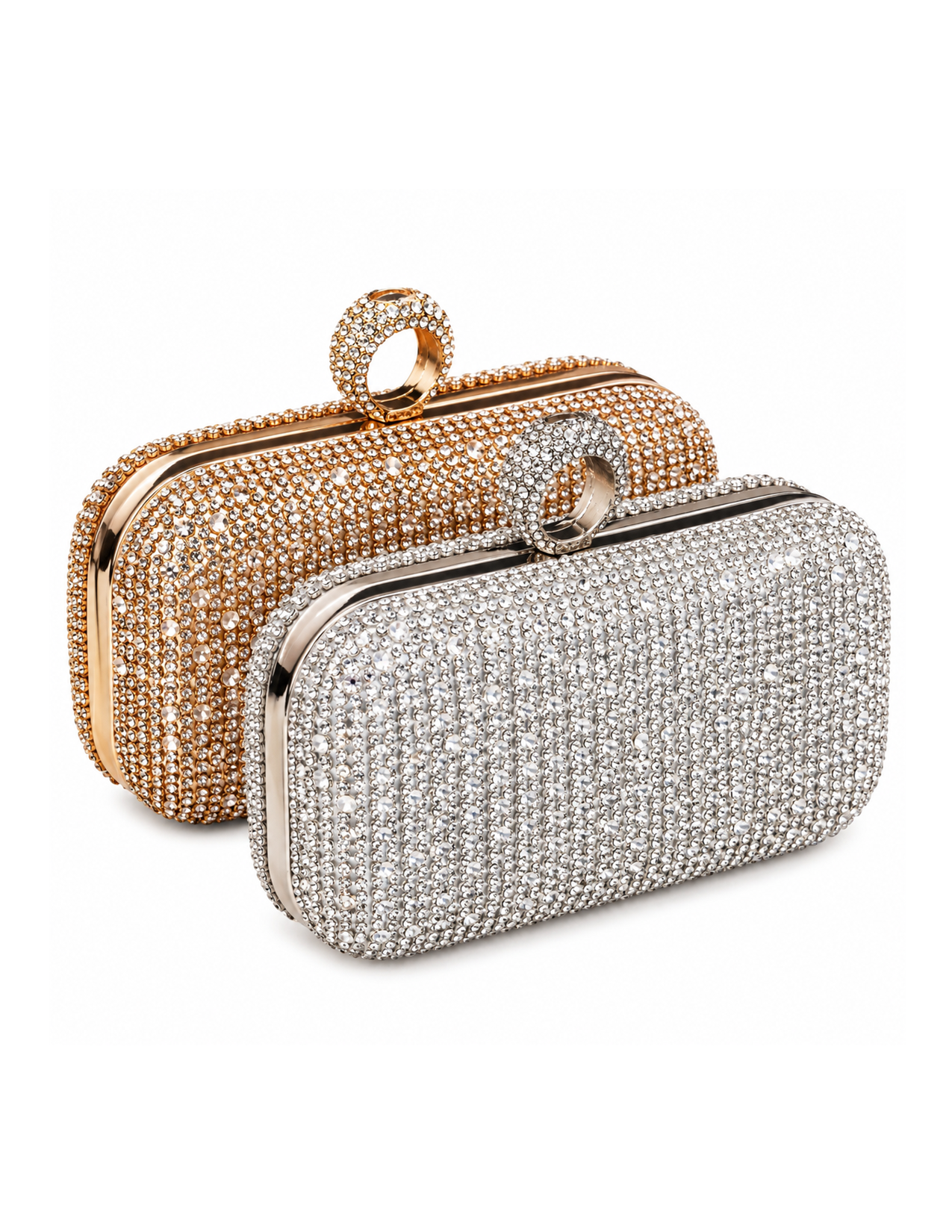 Two elegant handbags covered in shiny rhinestones, one in gold and one in silver, with matching rounded clasp handles, set against a white background.