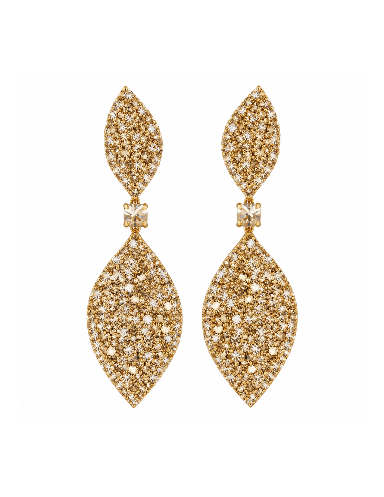 Gold-tone chandelier earrings encrusted with small clear rhinestones, shaped like elongated leaves.
