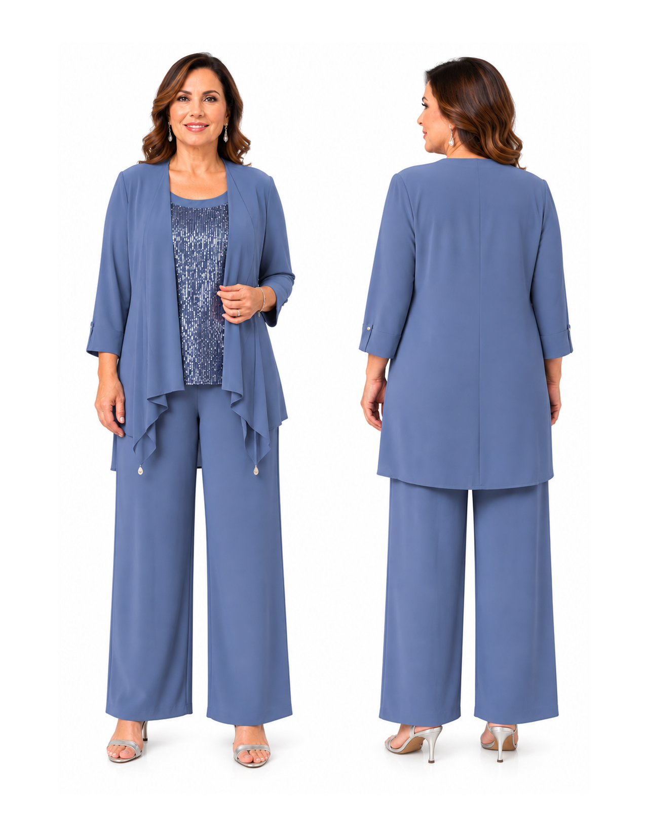 Front and back views of a woman in a blue pantsuit with a matching jacket and sleeveless top, wearing silver high-heeled sandals.