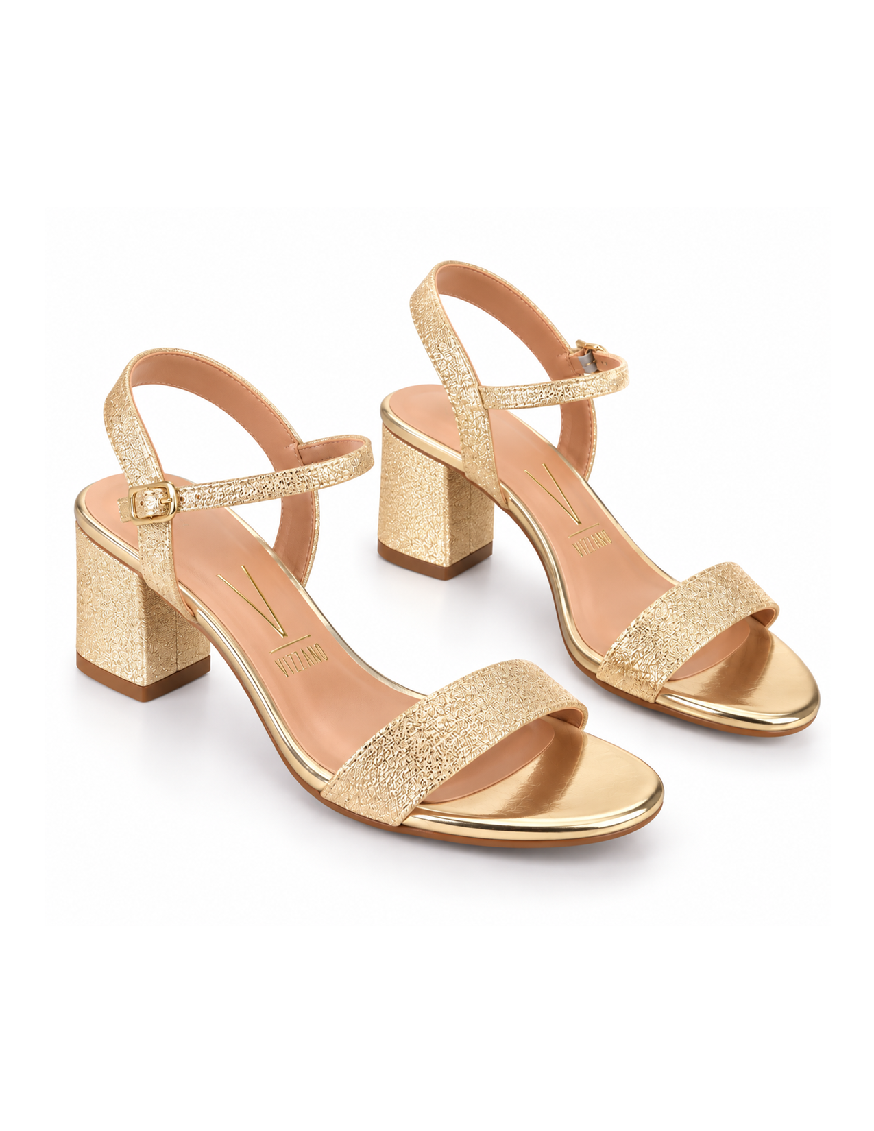 Pair of gold high-heeled sandals with ankle straps and textured finish, positioned on a white background.