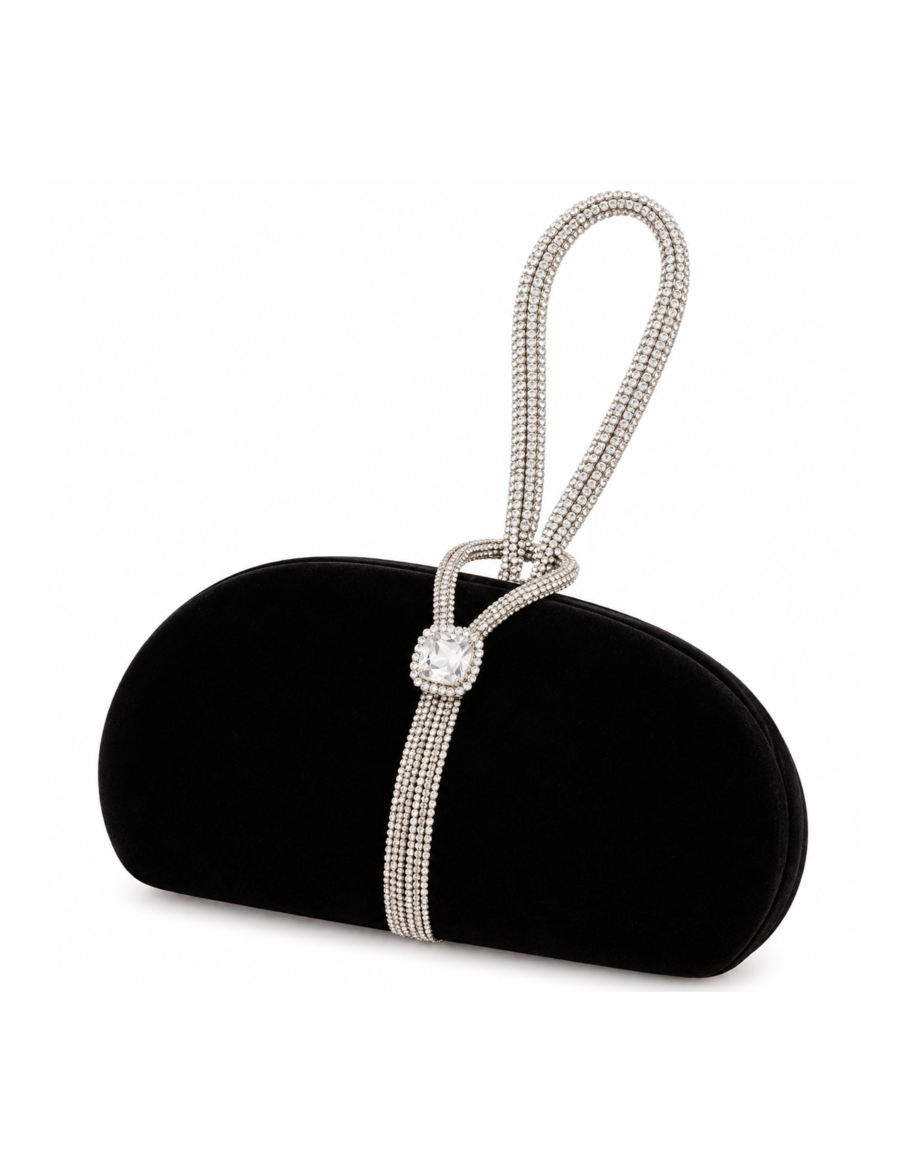 An elegant black clutch purse with a sparkling diamond necklace draped over it, set against a white background.