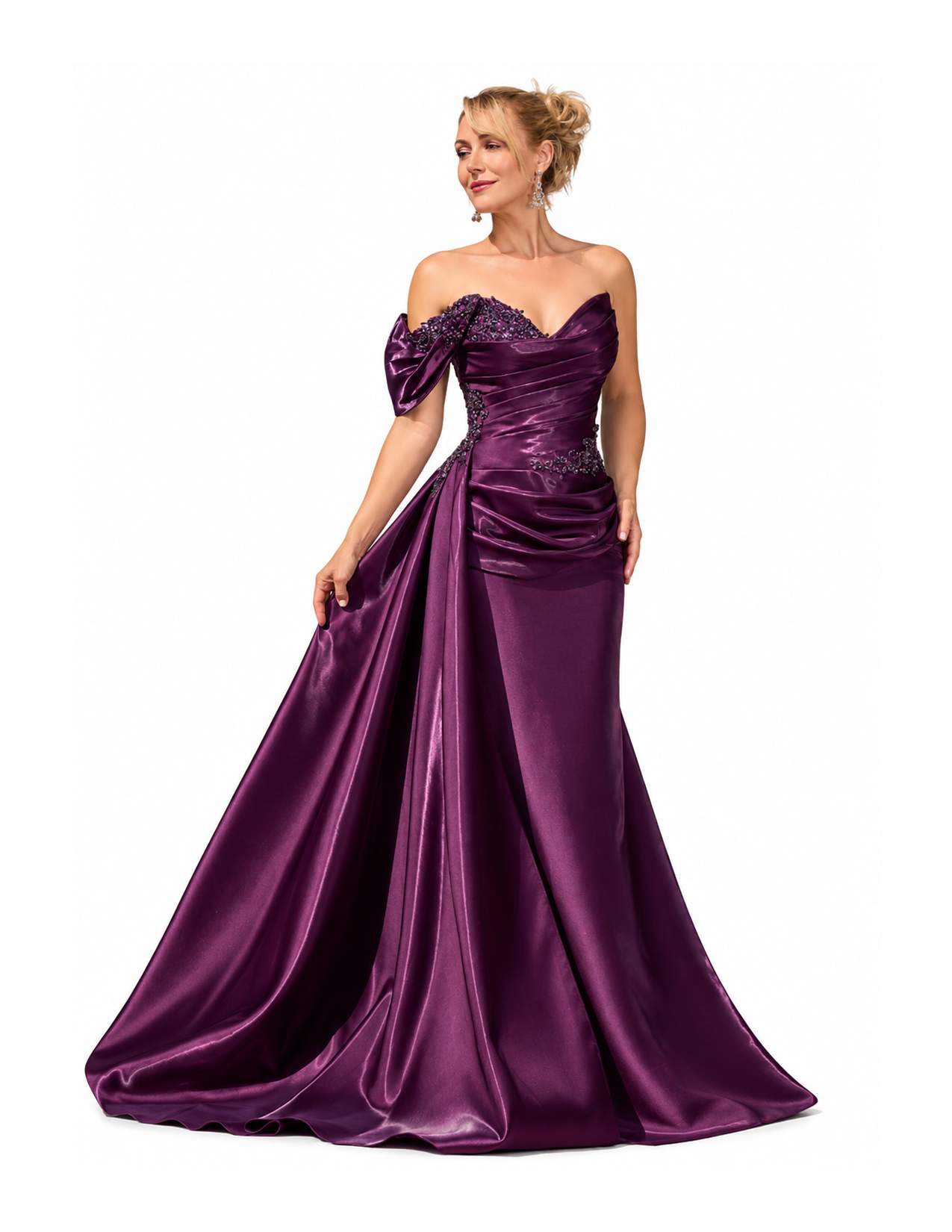 A woman wearing an elegant purple satin evening gown with off-the-shoulder design, intricate embroidery, and a flowing train, posing against a plain white background.