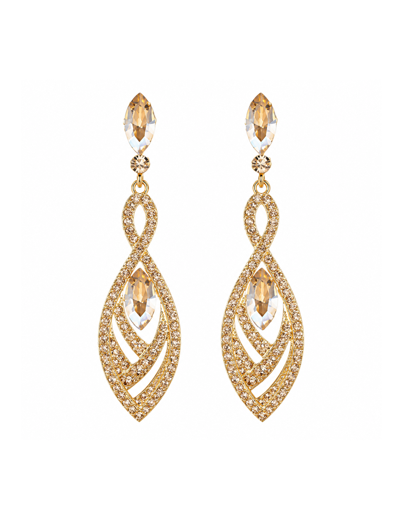 Gold and crystal drop earrings with intricate design and teardrop-shaped crystals.
