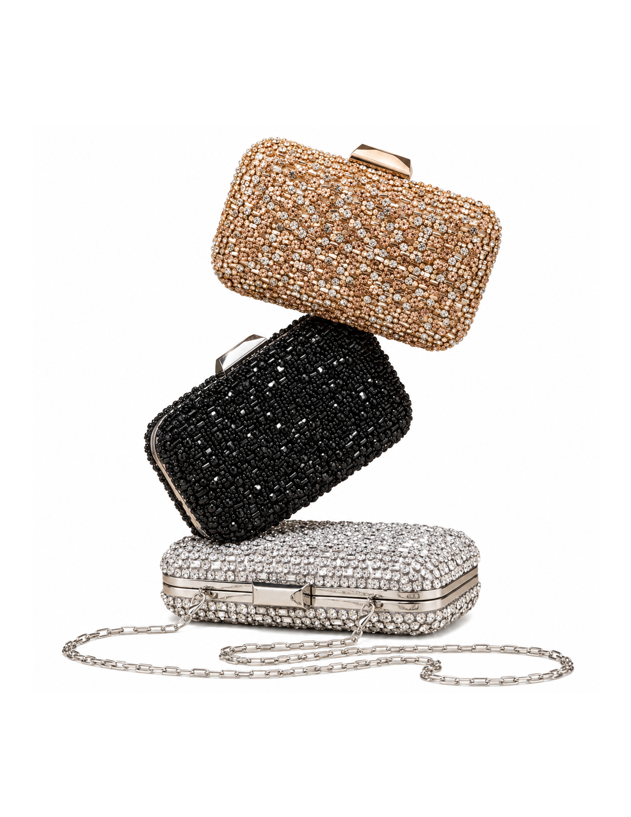 Four jeweled clutches with different colors and styles, stacked with a chain in front, against a white background.