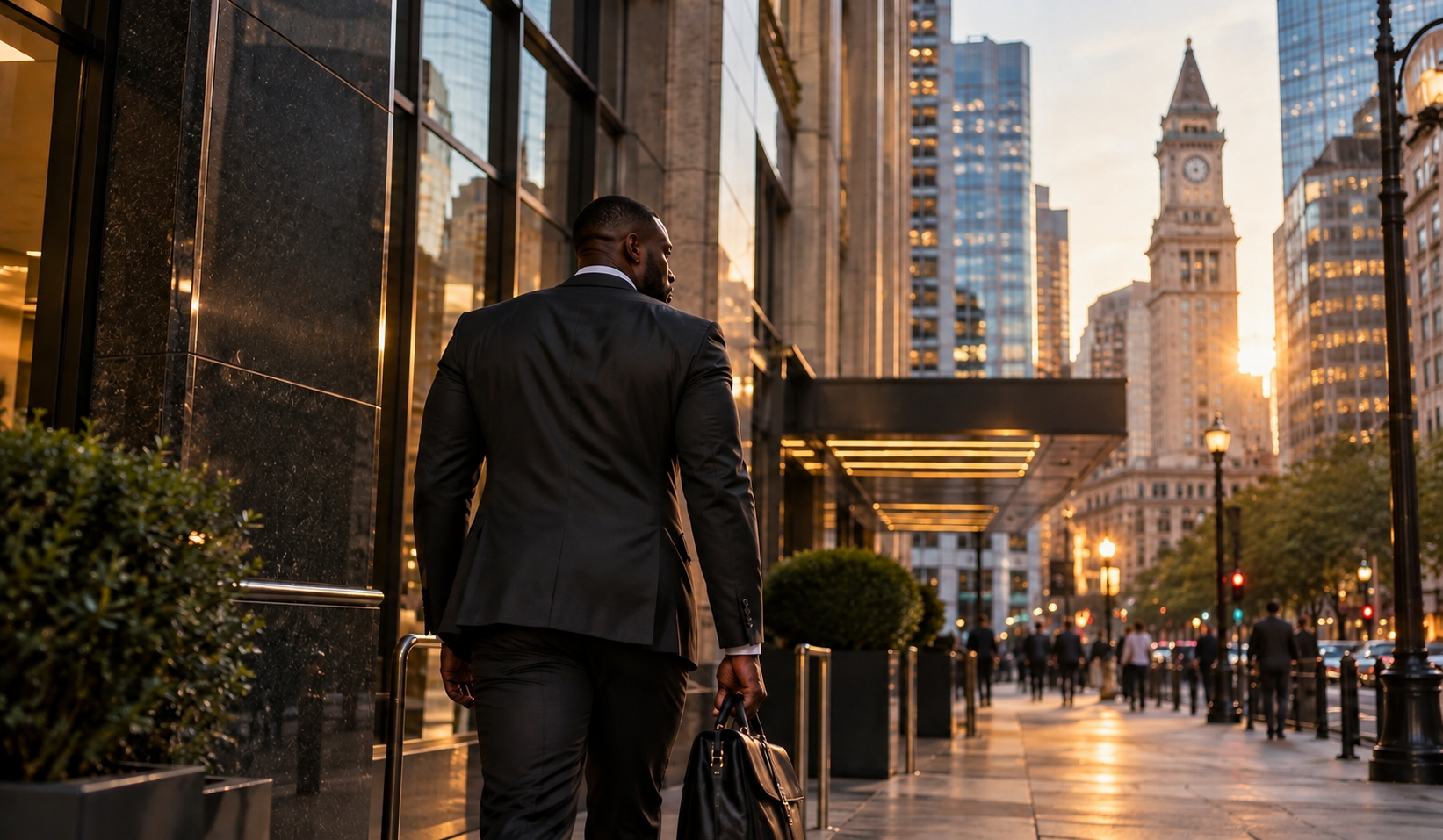 A man in a black business suit holding a briefcase walking on a city sidewalk during sunset with tall buildings and other pedestrians in the background.