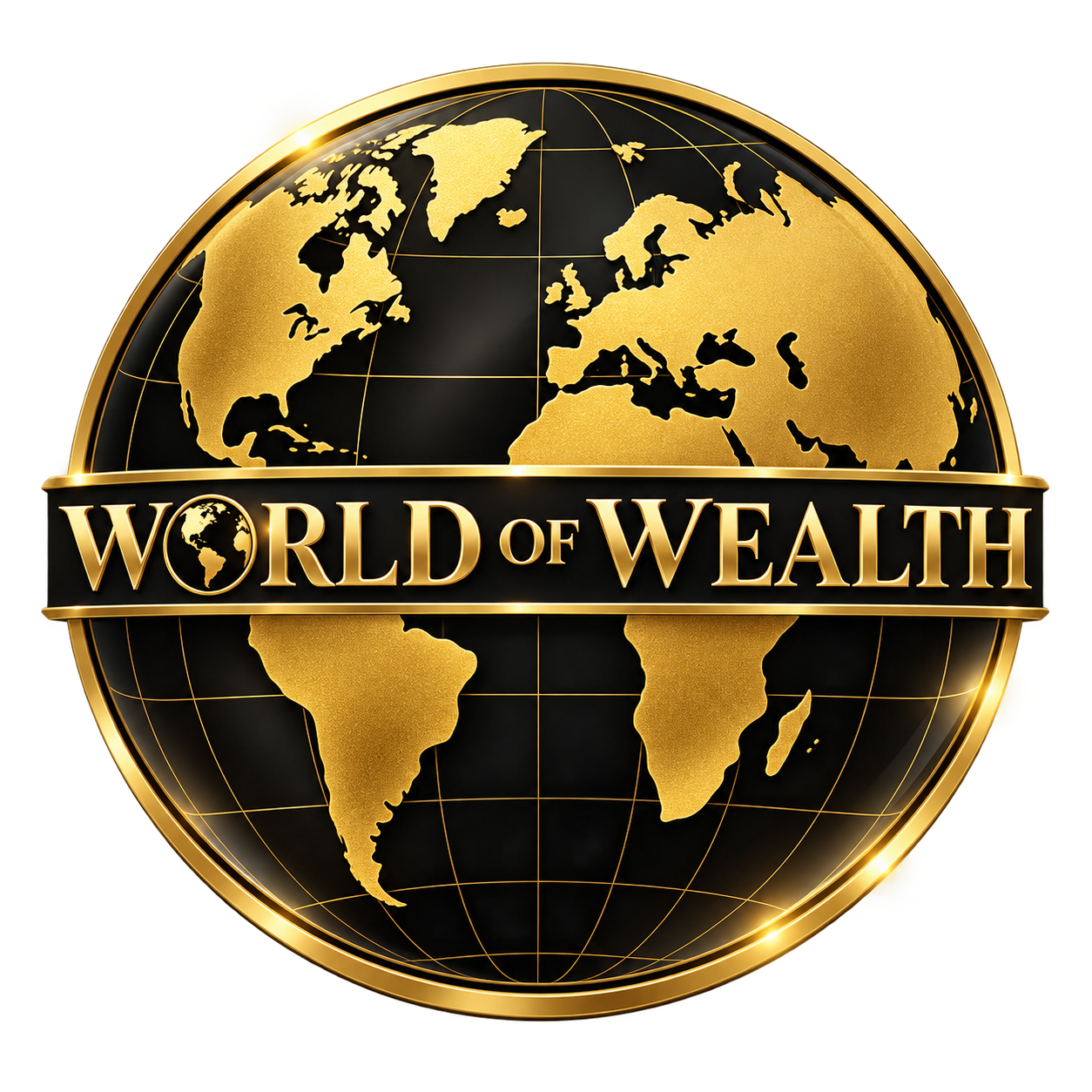 A black and gold globe with continents in gold, and the words 'World of Wealth' on a black banner across the middle, featuring a small globe icon inside the letter 'O'.