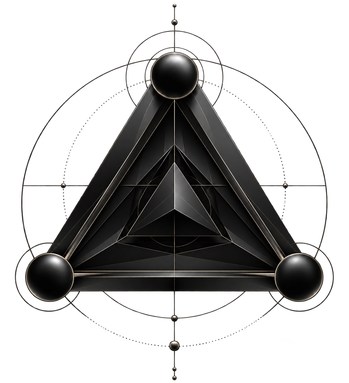A futuristic metallic geometric design resembling a star or pyramid, with three rounded spheres at its points, set against a black background with circular grid lines.