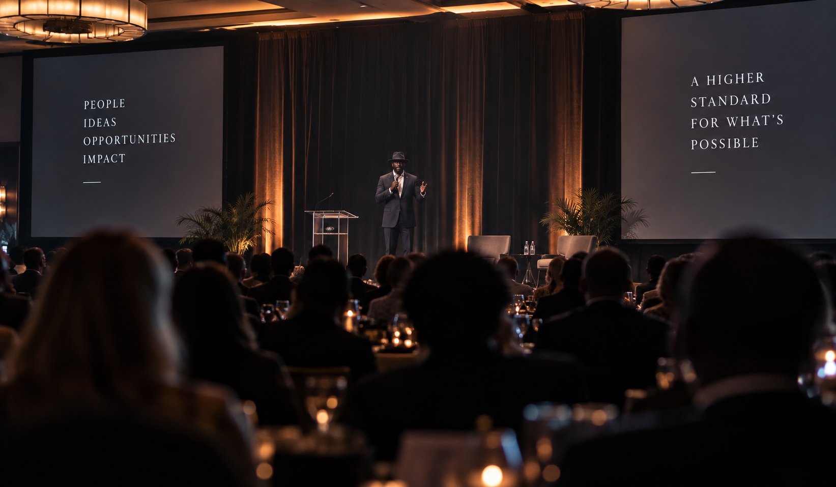 A speaker in a dark suit and hat on stage at a conference, with two large screens displaying text about people, ideas, opportunities, impact, and a higher standard for what's possible. Audience members are seated at tables in a dimly lit room.
