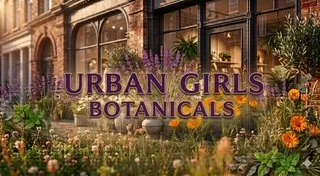 Sign for 'Urban Girls Botanicals' in front of a building with plants and flowers