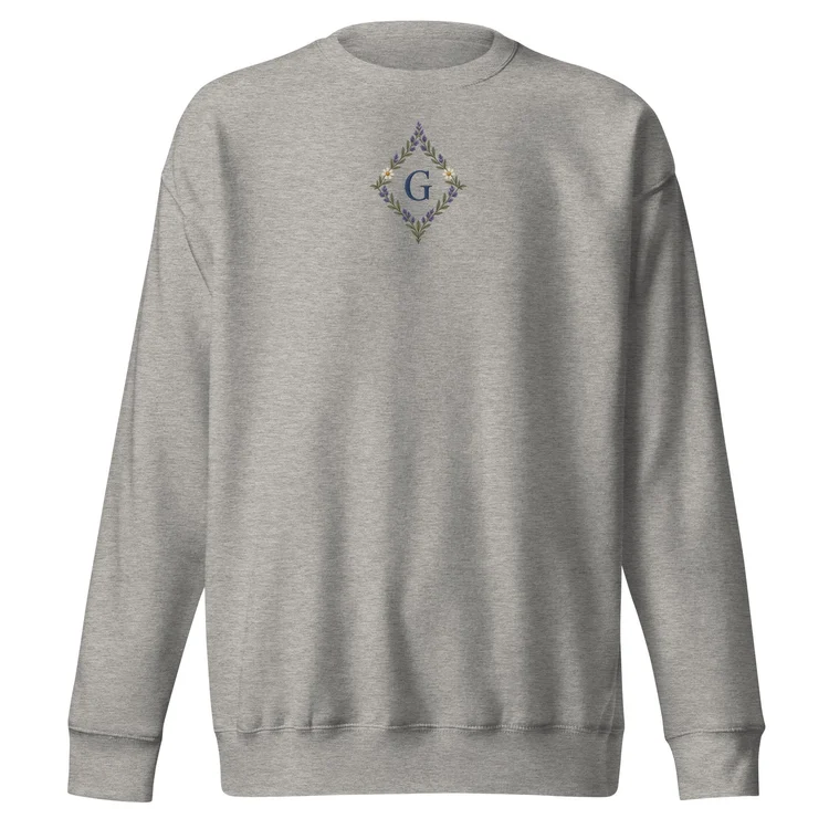 Carbon Grey Lavender Meadow Crewneck, front design
