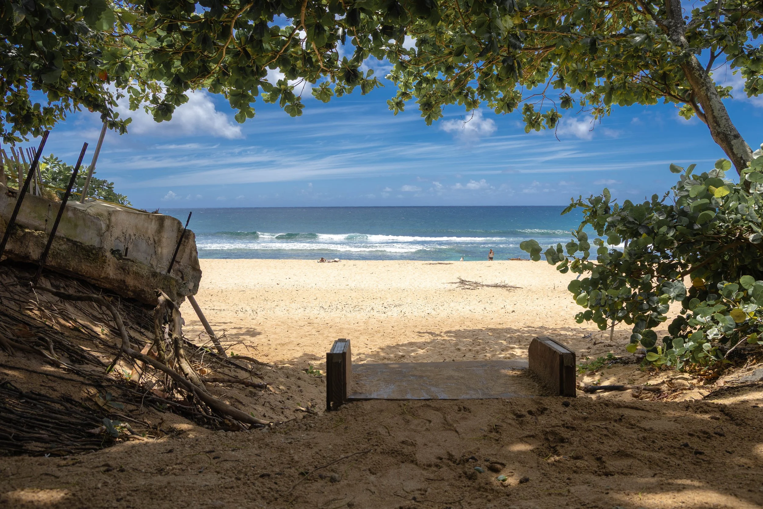 A sandy beach viewed from the shade of trees with green leaves. The ocean waves are visible in the background under a blue sky with some clouds. Two people are seen near the water's edge.