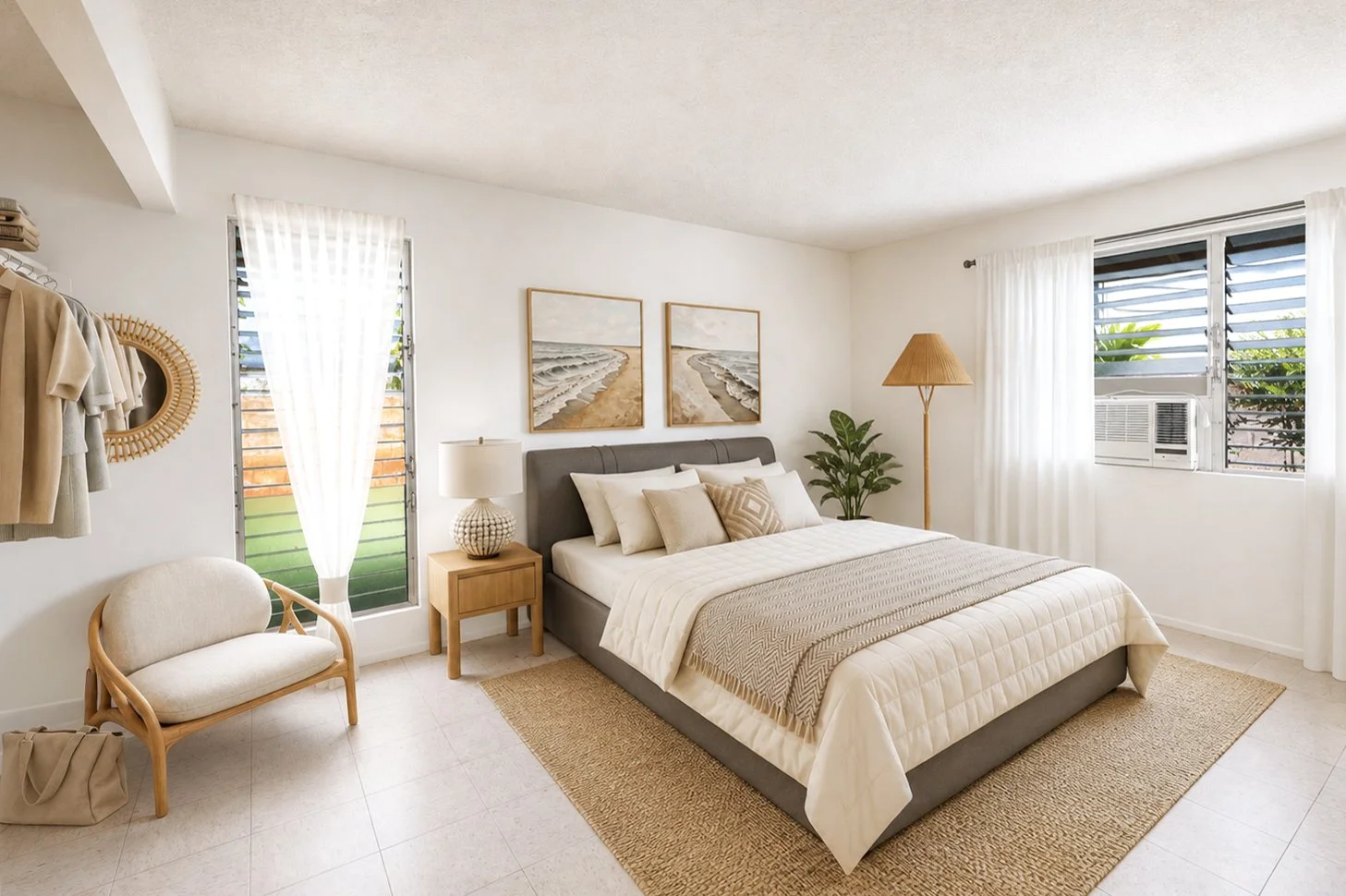 A bedroom with a king-sized bed, light-colored bedding, and several pillows. There are two artworks of a beach scene above the bed. A nightstand with a lamp is to the left of the bed, and a tall floor lamp is on the right. The room has two windows wi