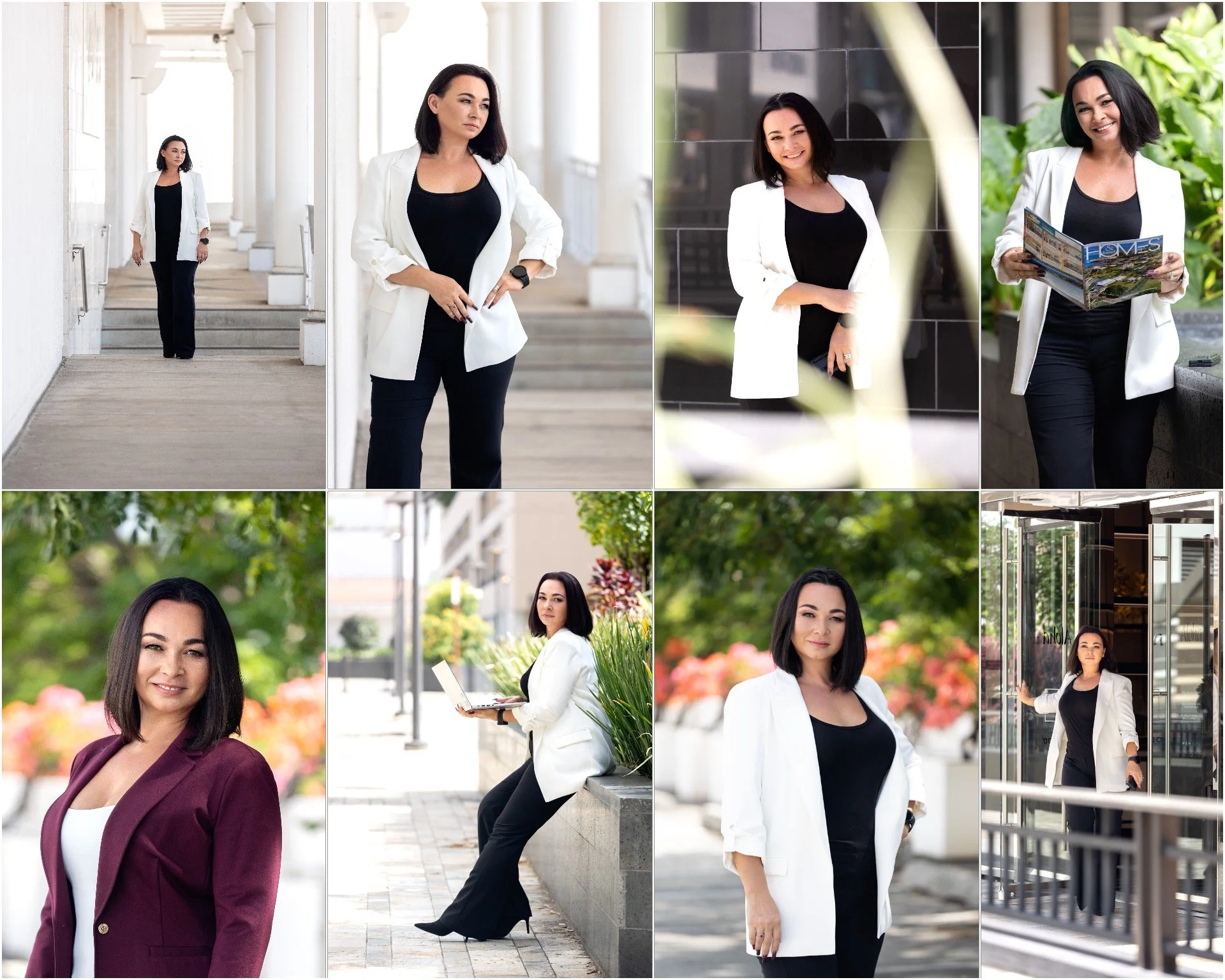 A collage of a woman with shoulder-length dark hair, wearing a white blazer over a black top. She is shown in various outdoor settings, including walking on a corridor, leaning against a wall, sitting on a bench with a laptop, and holding a magazine 