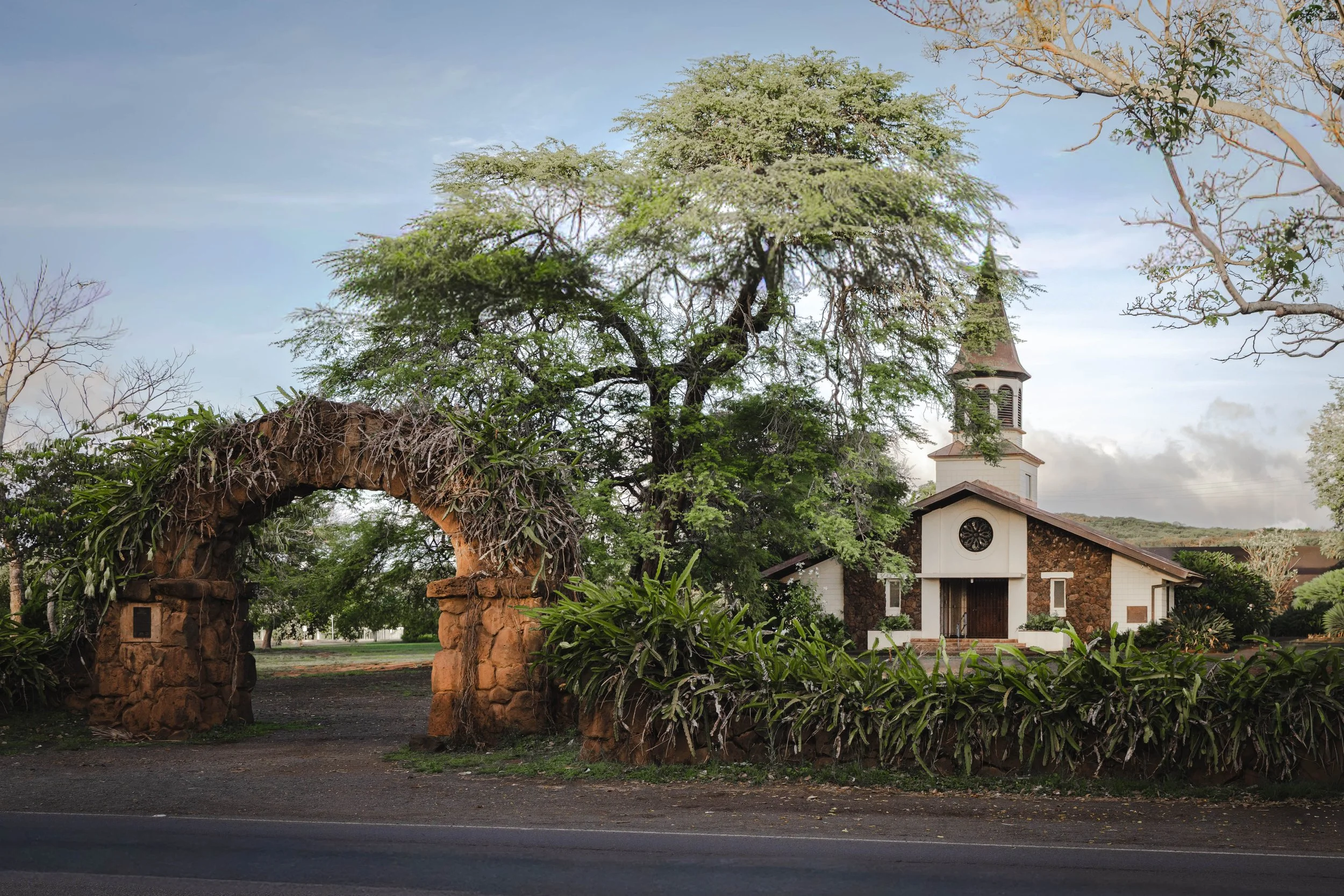 A church with a bell tower is visible in the background, surrounded by trees and bushes, under a partly cloudy sky.